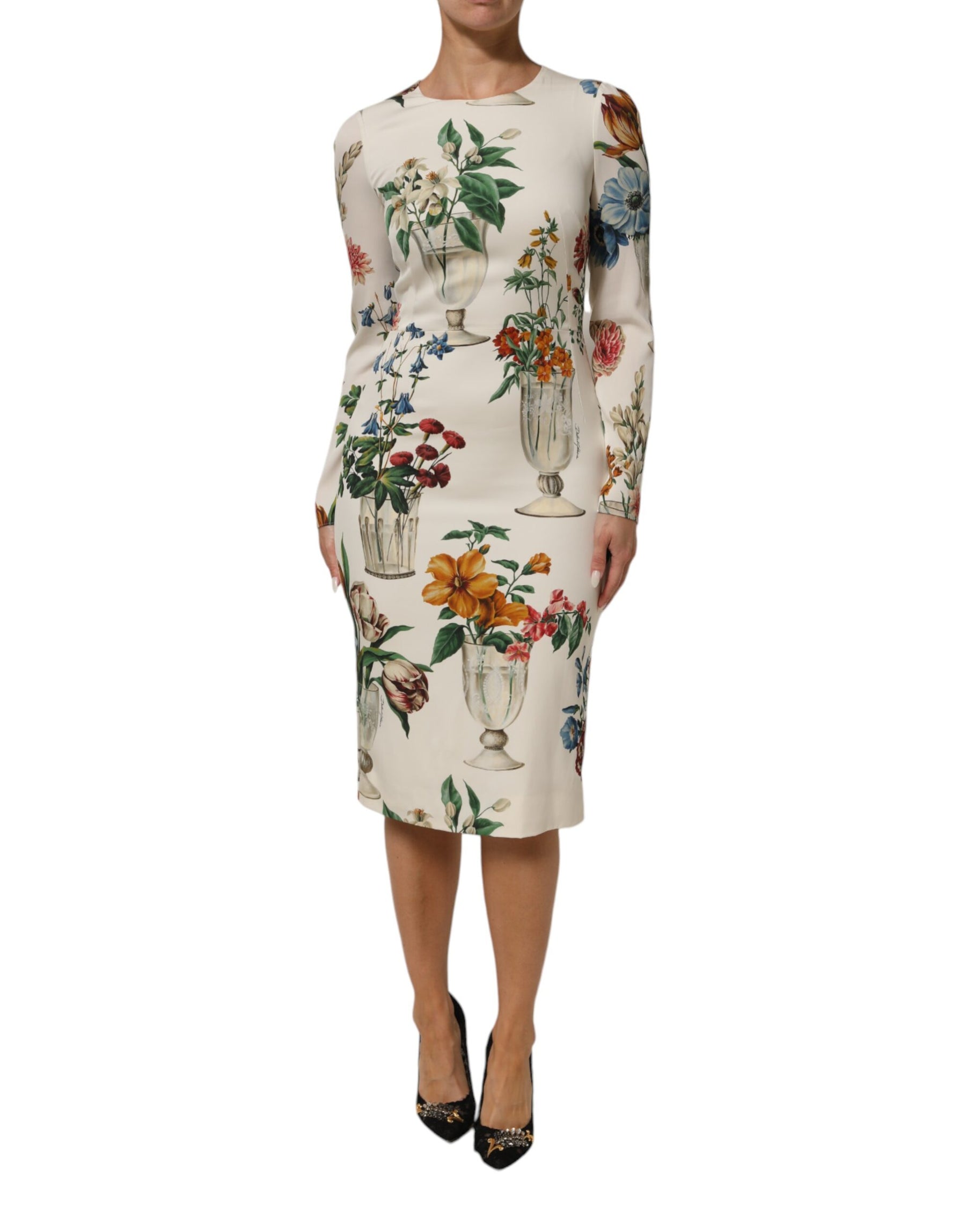Dolce & Gabbana White Flower Vase Silk Sheath Midi Dress | Regal Royce