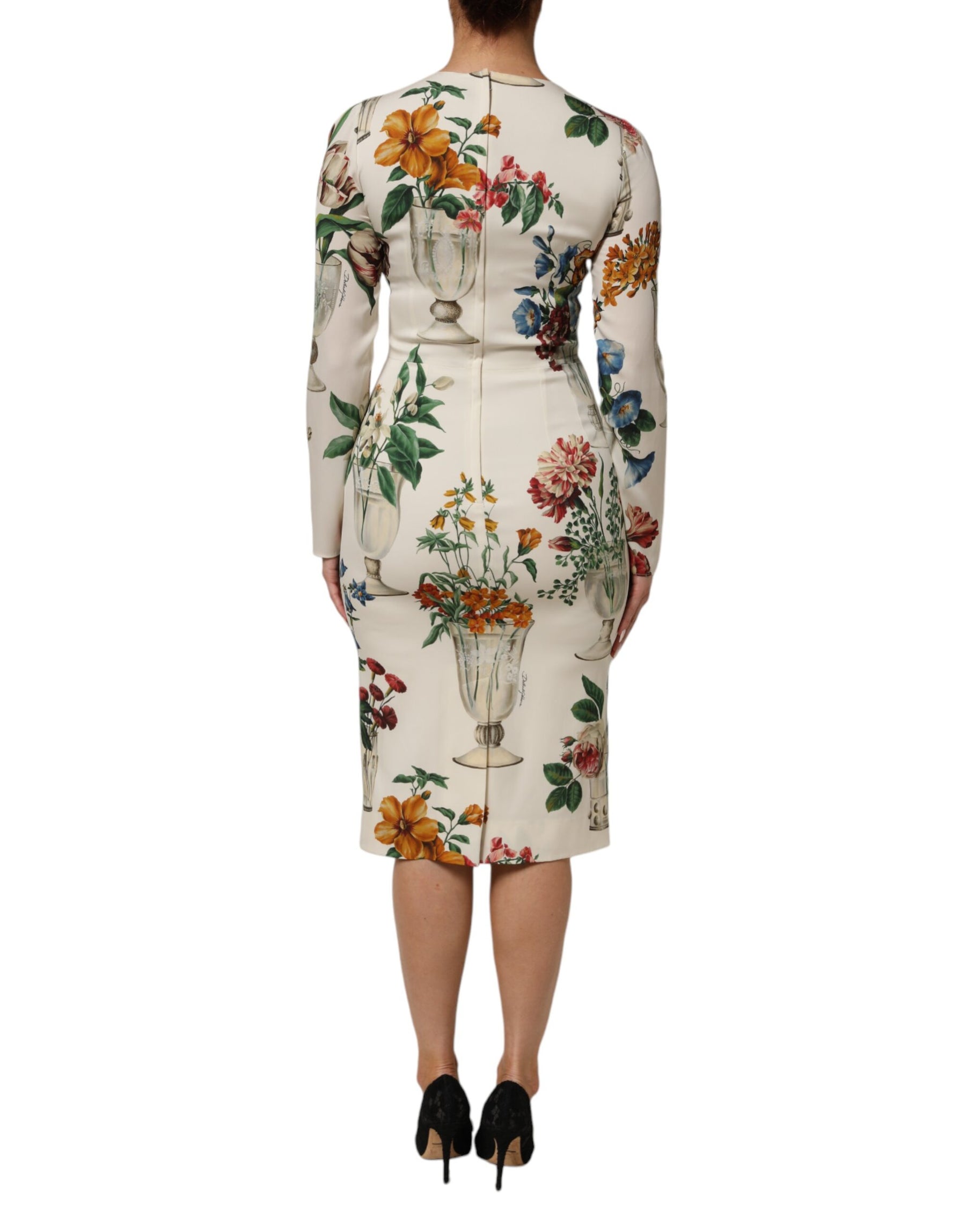 Dolce & Gabbana White Flower Vase Silk Sheath Midi Dress | Regal Royce