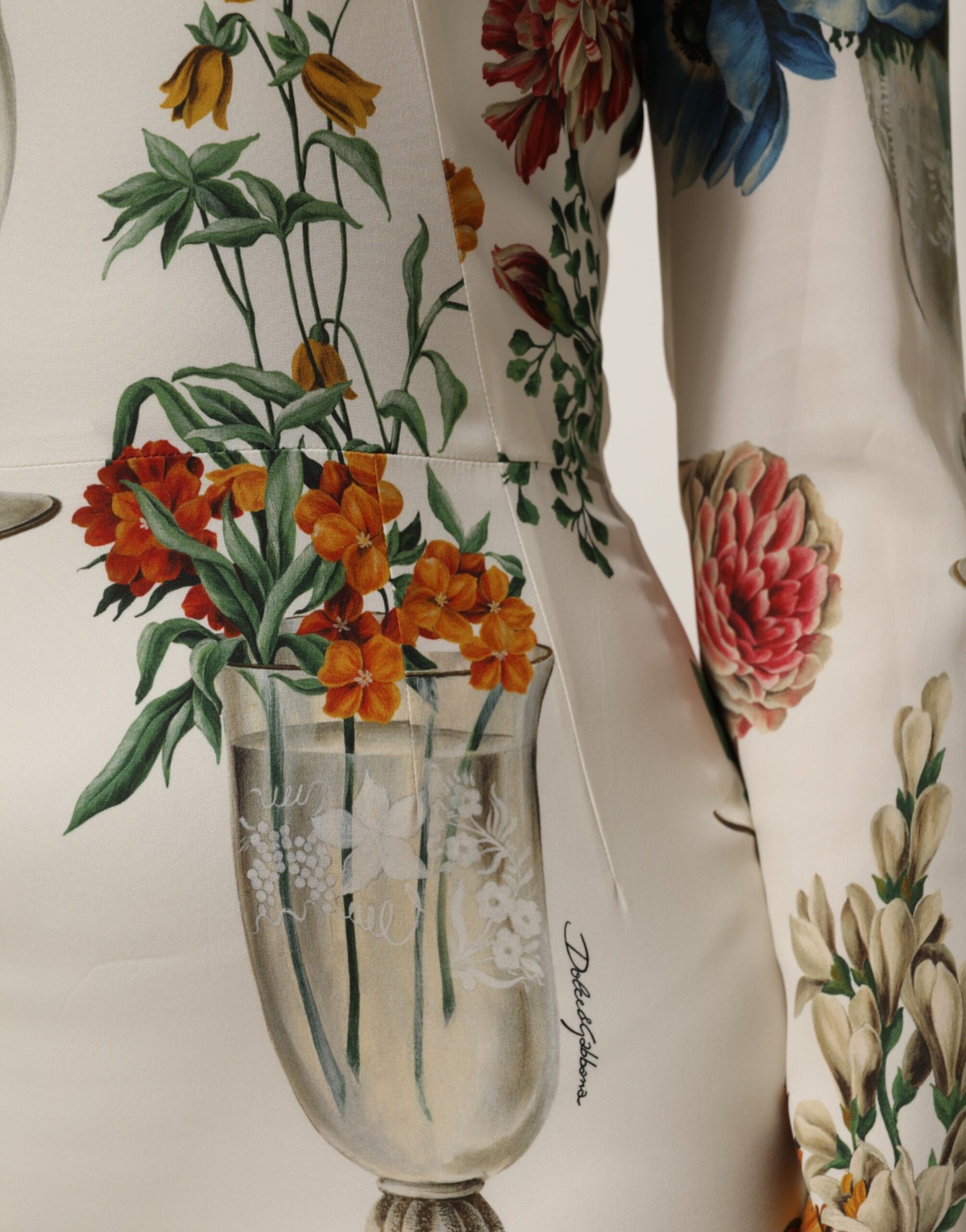 Dolce & Gabbana White Flower Vase Silk Sheath Midi Dress | Regal Royce