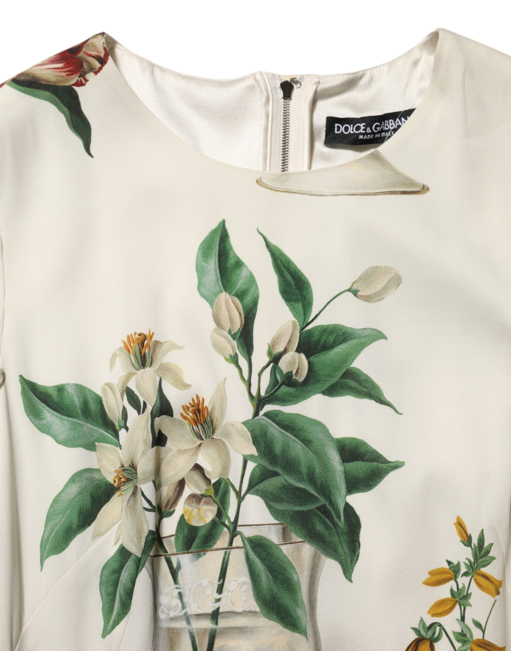 Dolce & Gabbana White Flower Vase Silk Sheath Midi Dress