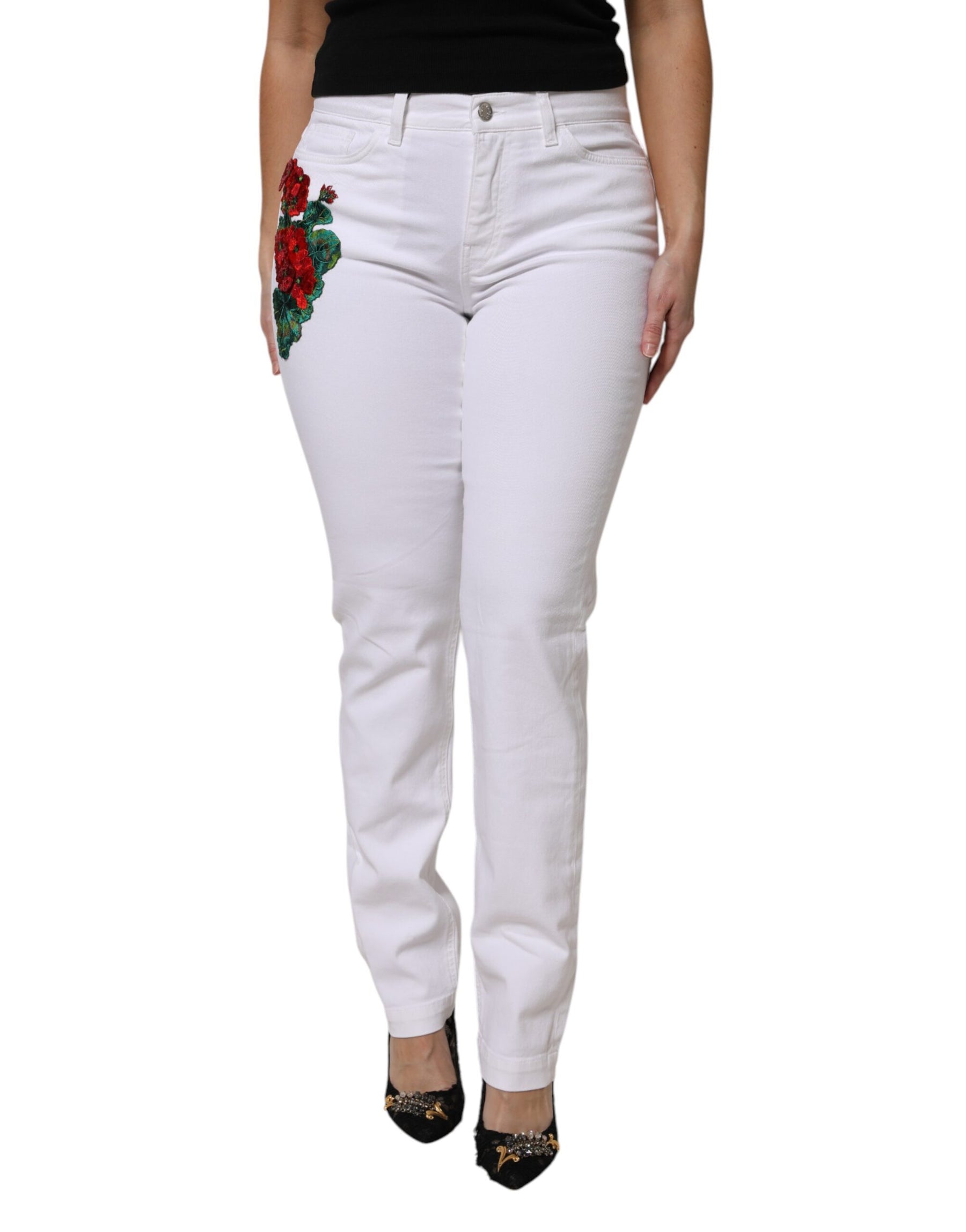 Dolce & Gabbana White GIRLY Floral Embroidery Denim Jeans | Regal Royce