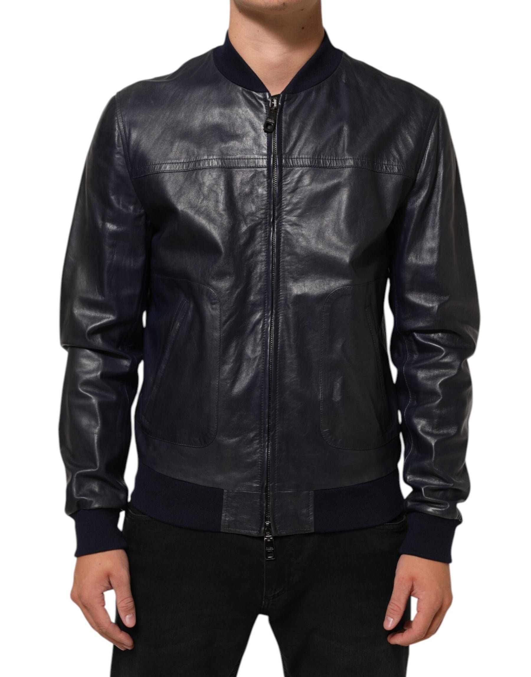 Dolce & Gabbana Blue Leather Full Zip Biker Blouson Jacket | Regal Royce