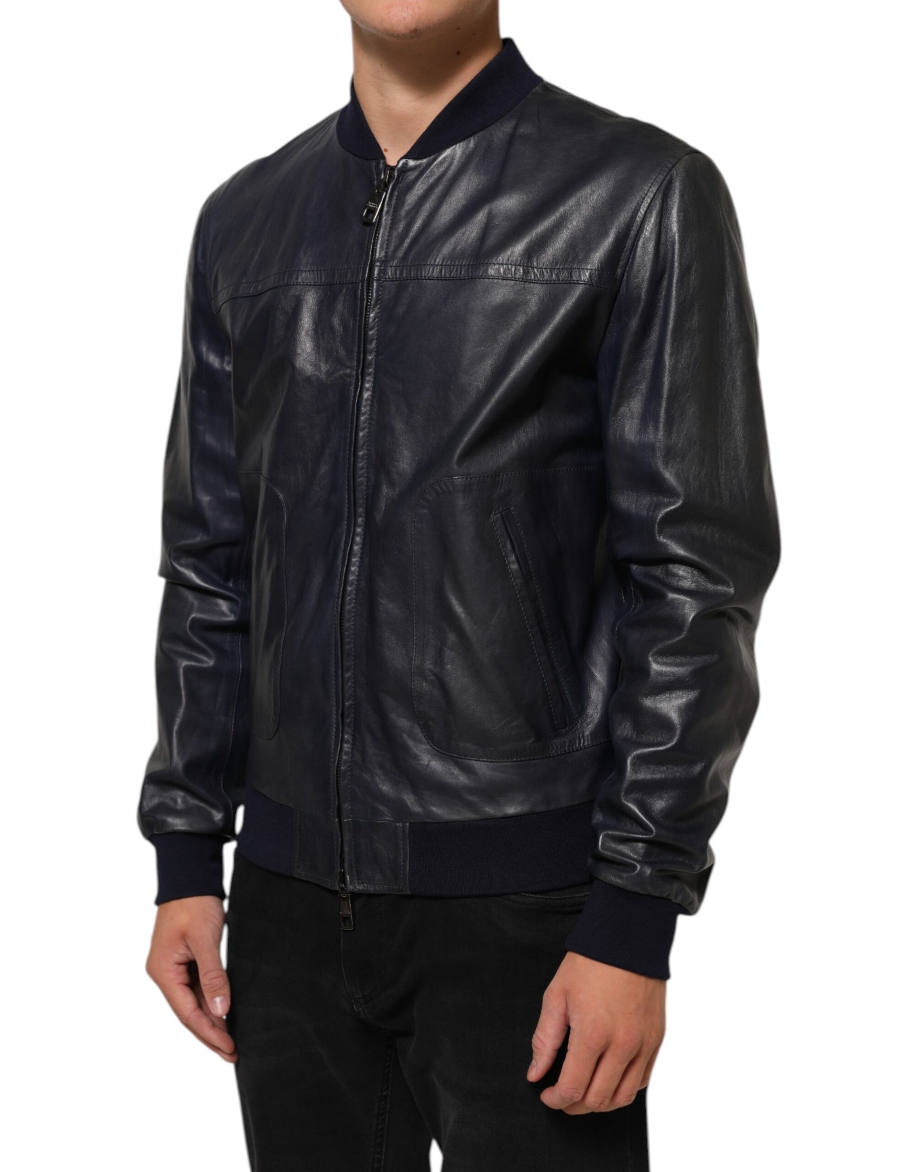 Dolce & Gabbana Blue Leather Full Zip Biker Blouson Jacket | Regal Royce