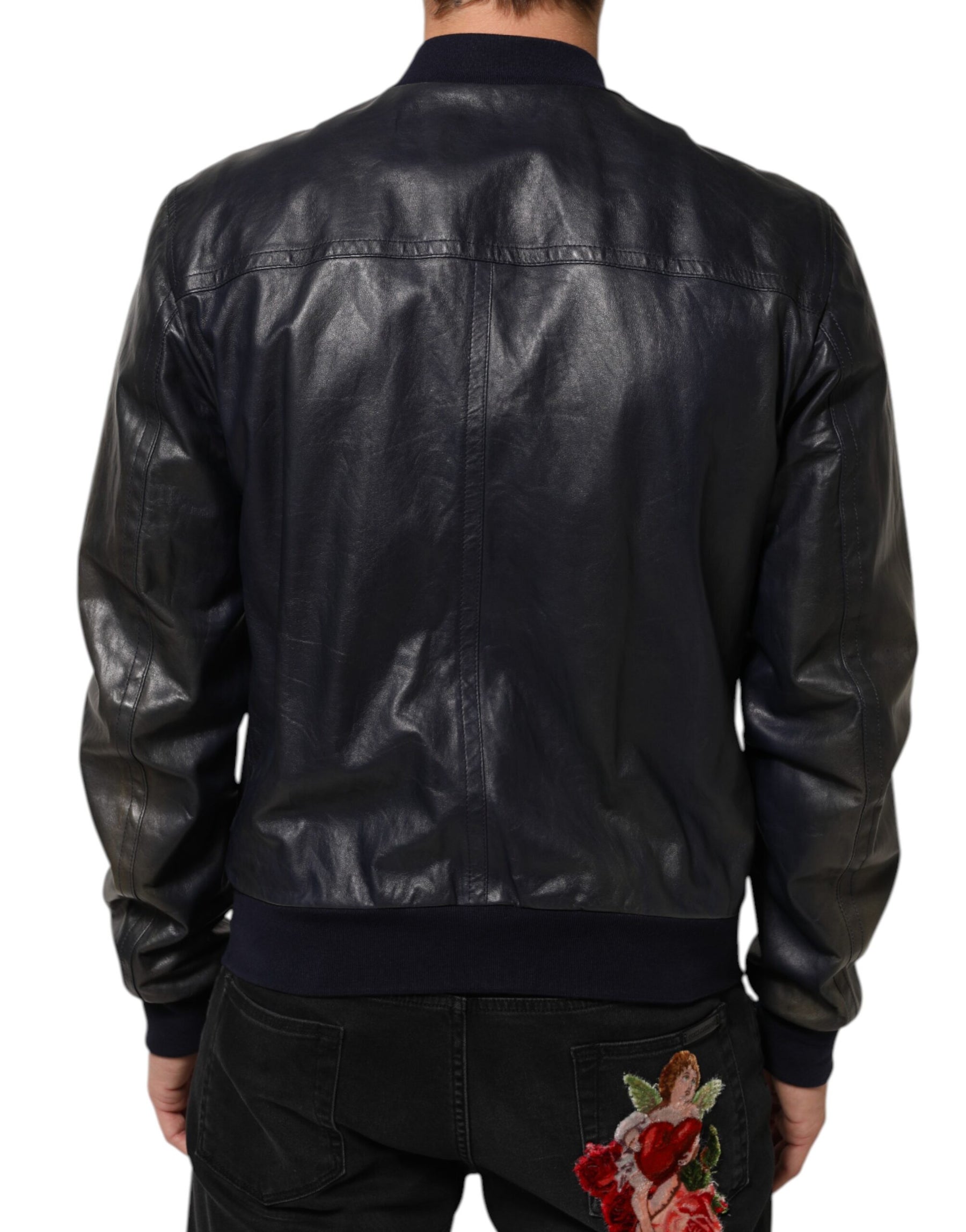 Dolce & Gabbana Blue Leather Full Zip Biker Blouson Jacket | Regal Royce