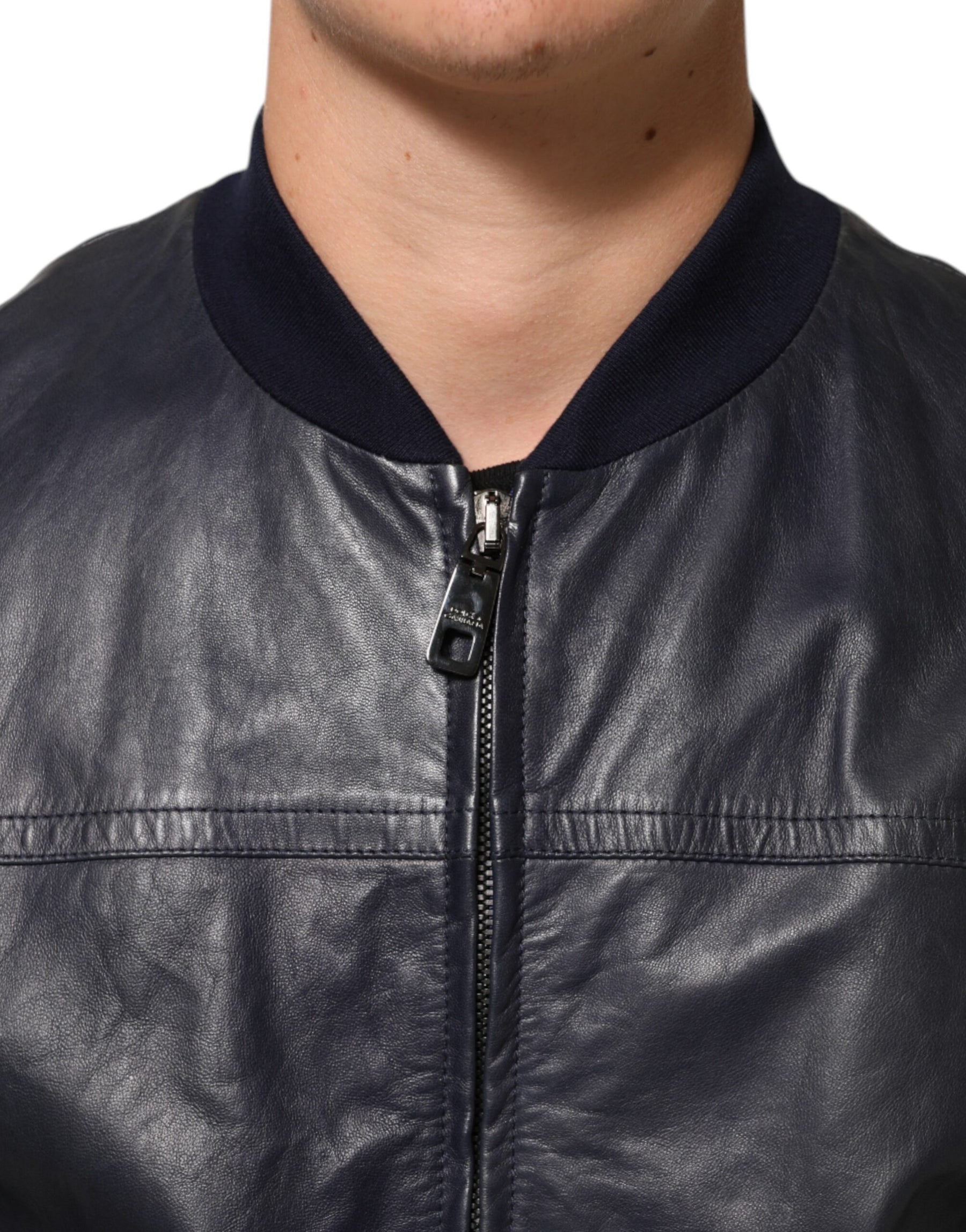 Dolce & Gabbana Blue Leather Full Zip Biker Blouson Jacket | Regal Royce