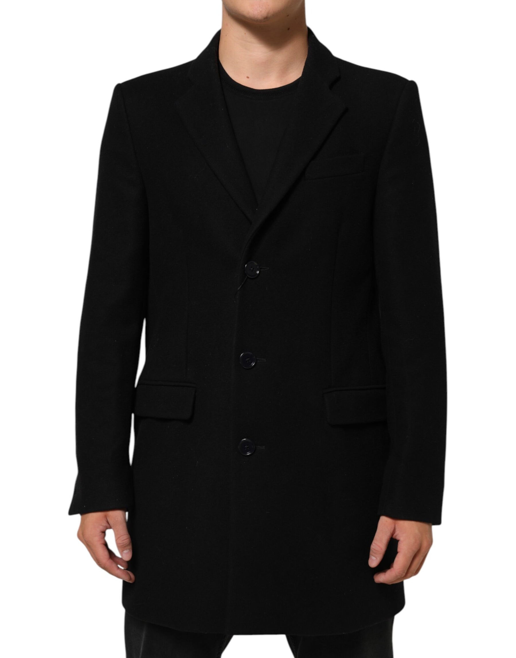 Dolce & Gabbana Black Wool Buttoned Men Trench Coat Jacket | Regal Royce