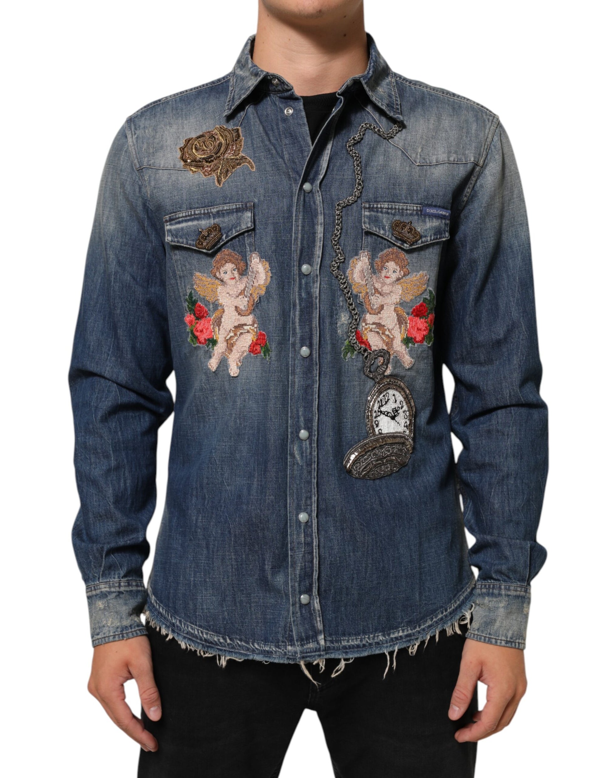 Dolce & Gabbana Blue Angel Patch Denim Buttoned Down Men Shirt