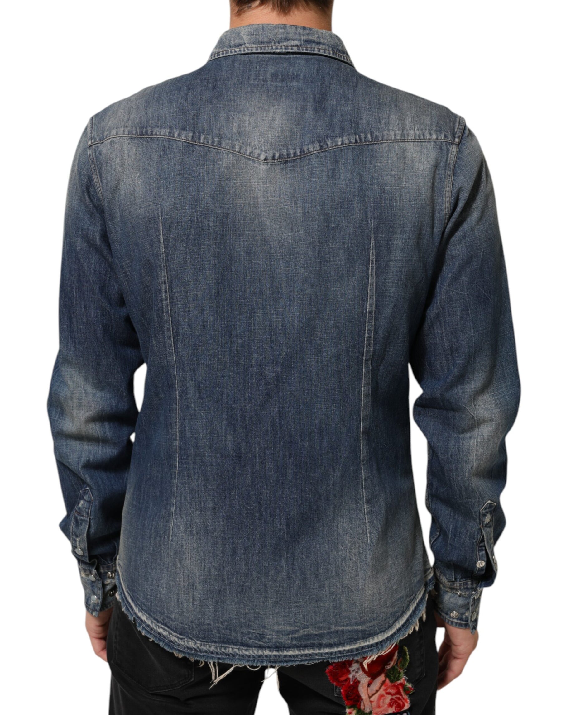 Dolce & Gabbana Blue Angel Patch Denim Buttoned Down Men Shirt | Regal Royce