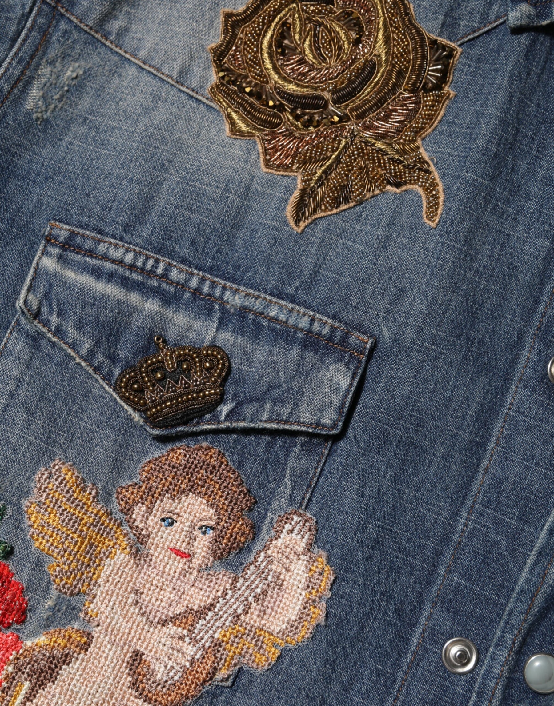 Dolce & Gabbana Blue Angel Patch Denim Buttoned Down Men Shirt | Regal Royce