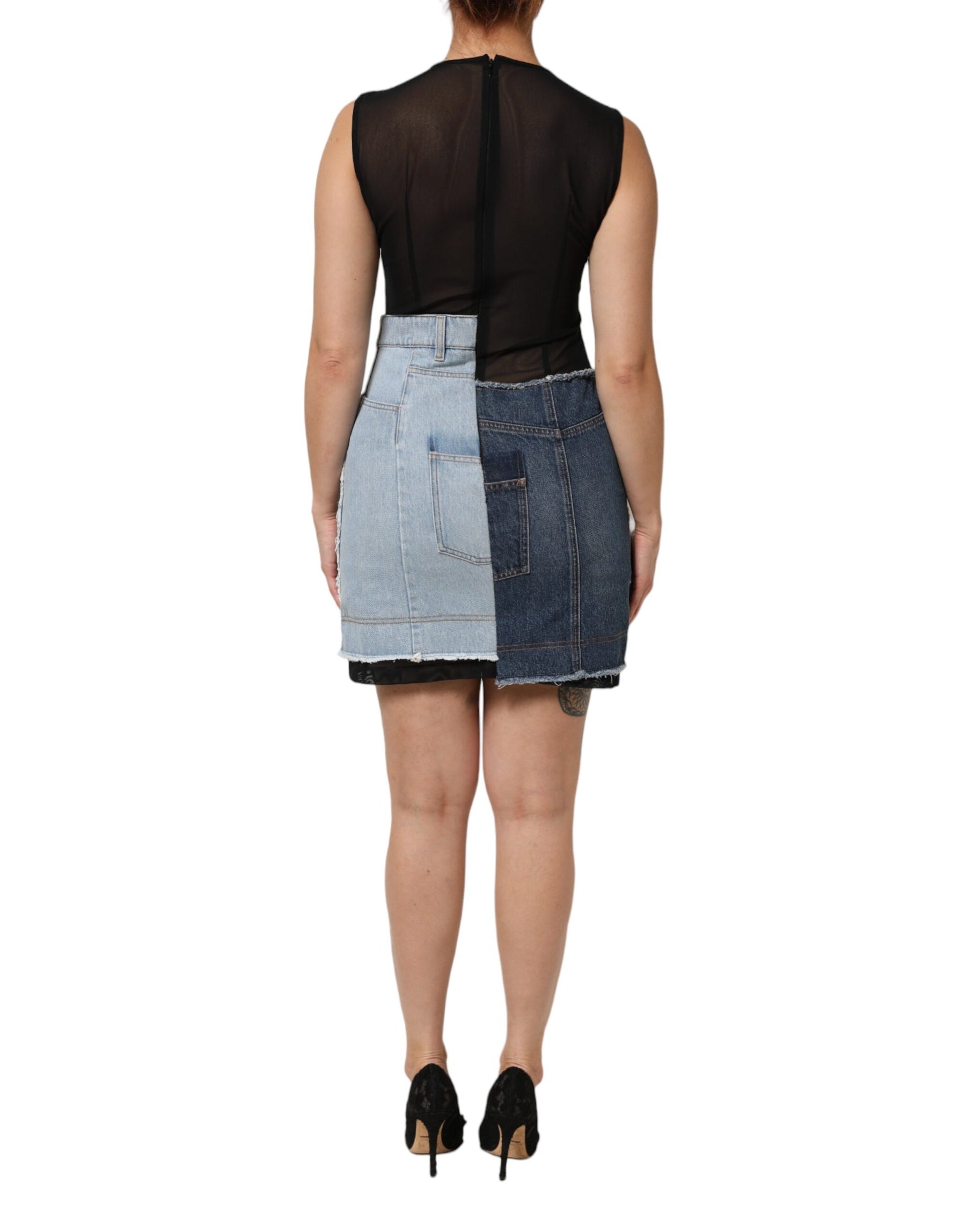 Dolce & Gabbana Blue Nylon Patchwork Denim Sheath Mini Dress | Regal Royce