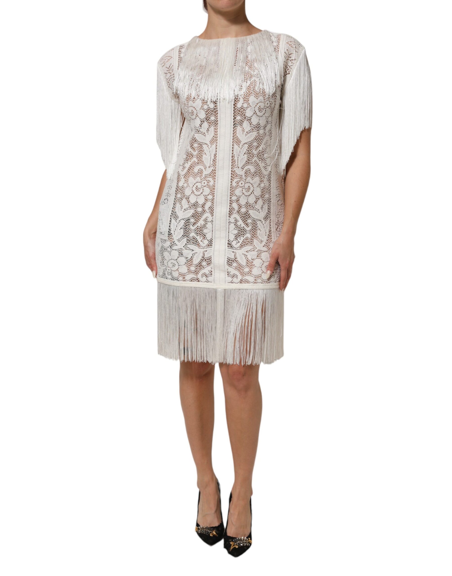 Dolce & Gabbana White Floral Lace Fringe Knee Length Dress | Regal Royce