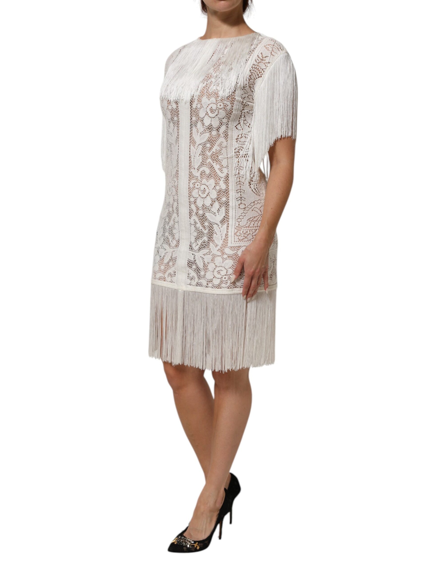 Dolce & Gabbana White Floral Lace Fringe Knee Length Dress | Regal Royce