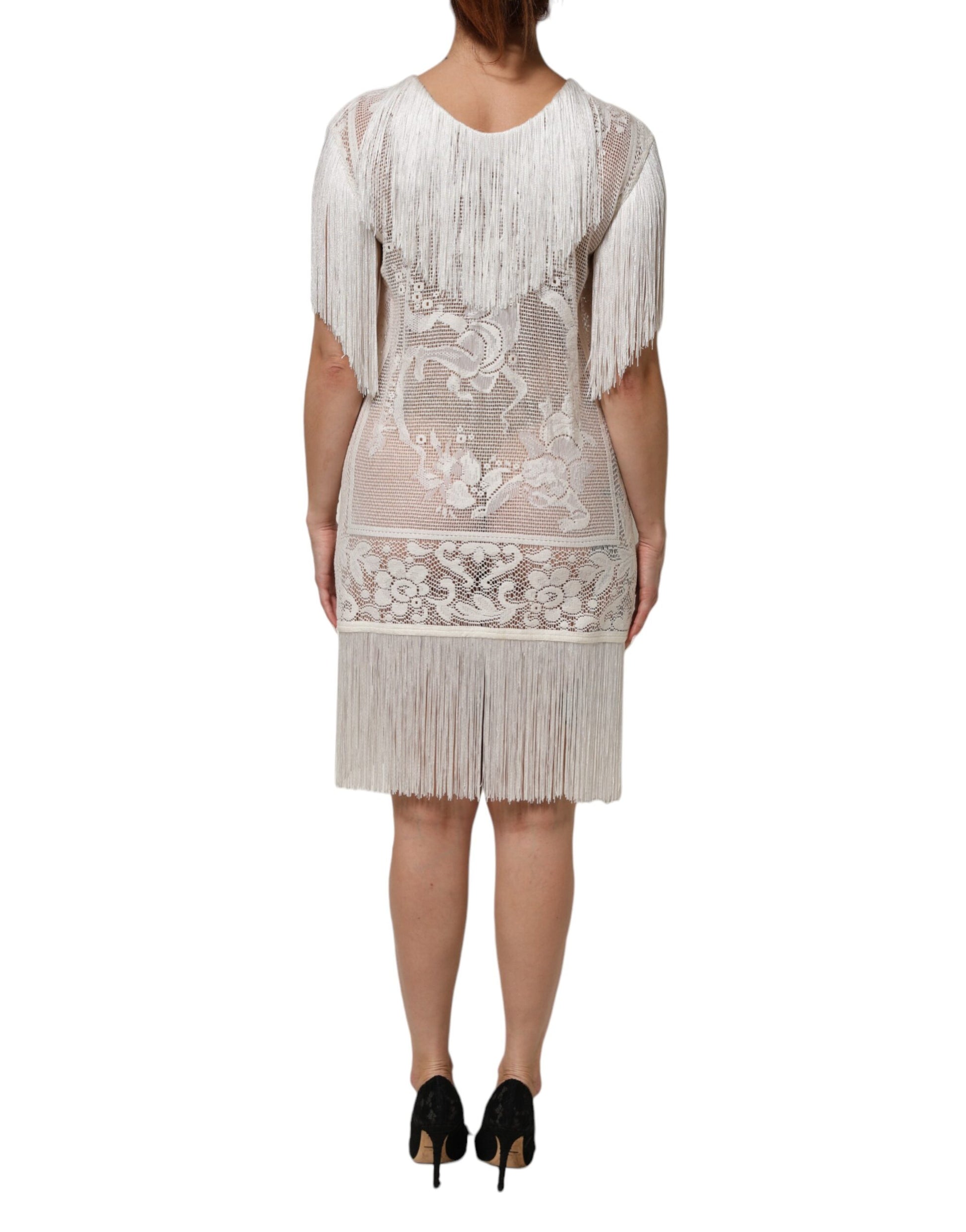 Dolce & Gabbana White Floral Lace Fringe Knee Length Dress