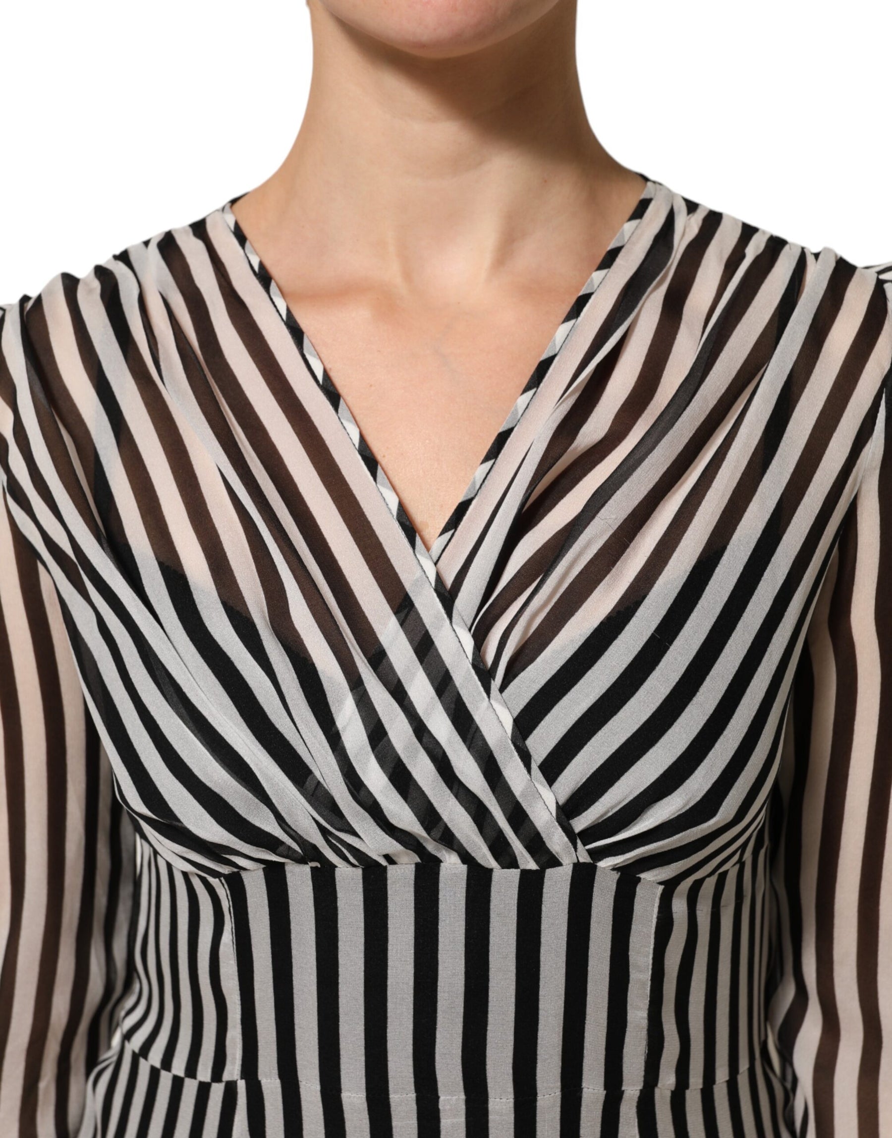 Dolce & Gabbana Black White Stripes Silk V-neck Midi Dress | Regal Royce