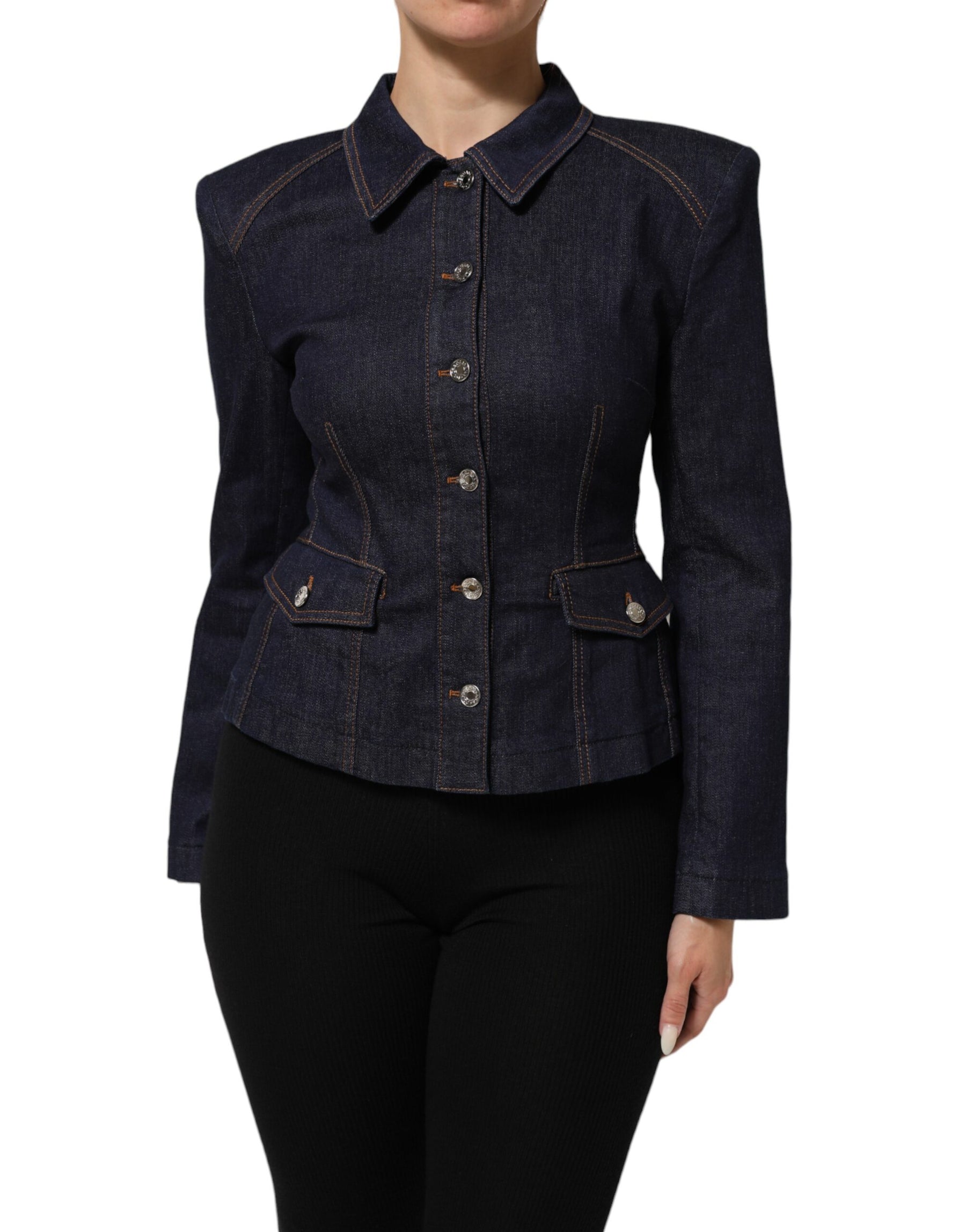 Dolce & Gabbana Dark Blue Cotton Collared Denim Coat Jacket | Regal Royce