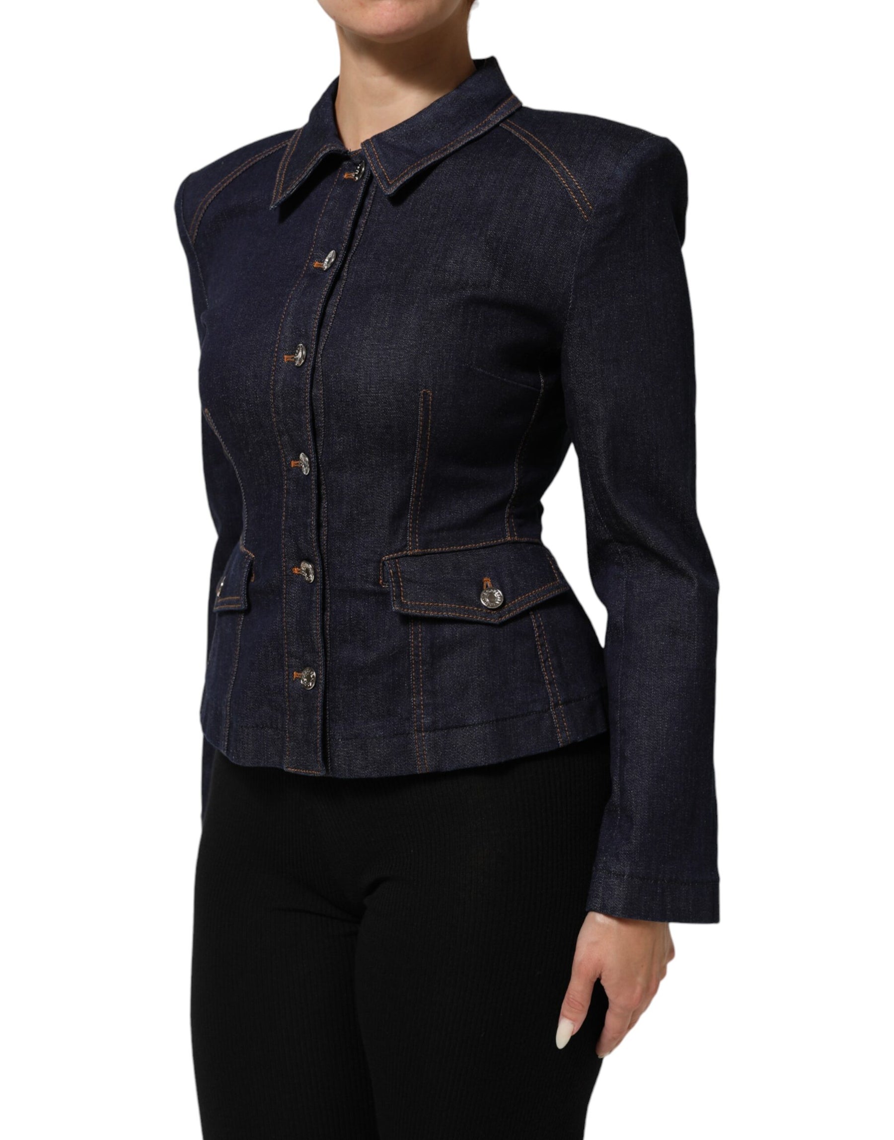 Dolce & Gabbana Dark Blue Cotton Collared Denim Coat Jacket | Regal Royce