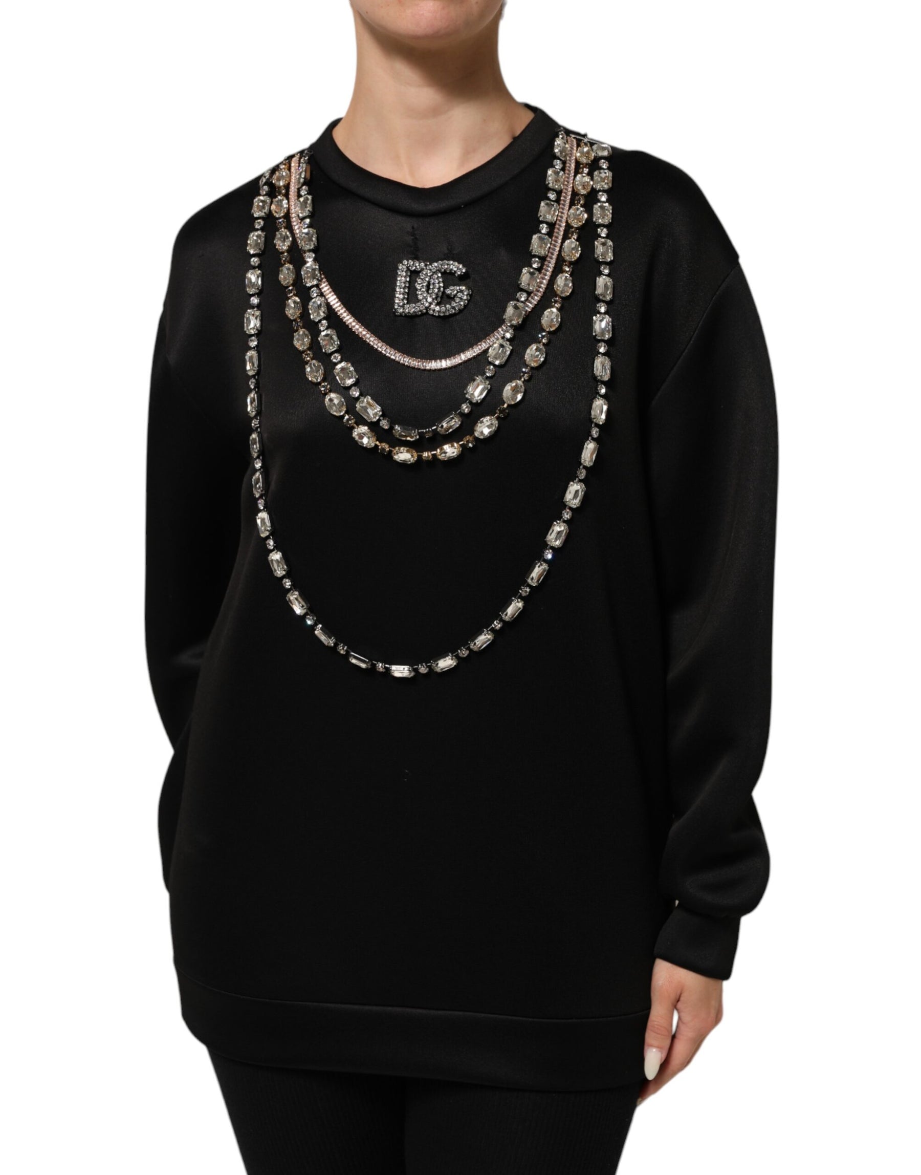 Dolce & Gabbana Black Crystal DG Necklace Sweatshirt Sweater | Regal Royce