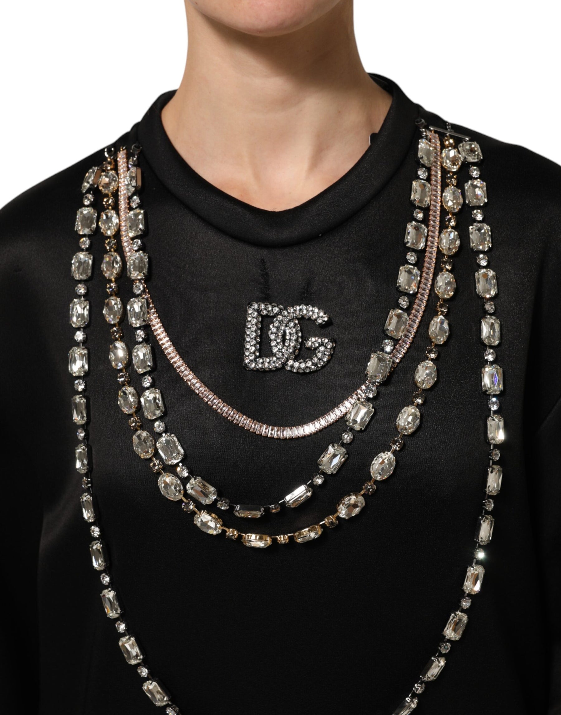 Dolce & Gabbana Black Crystal DG Necklace Sweatshirt Sweater | Regal Royce