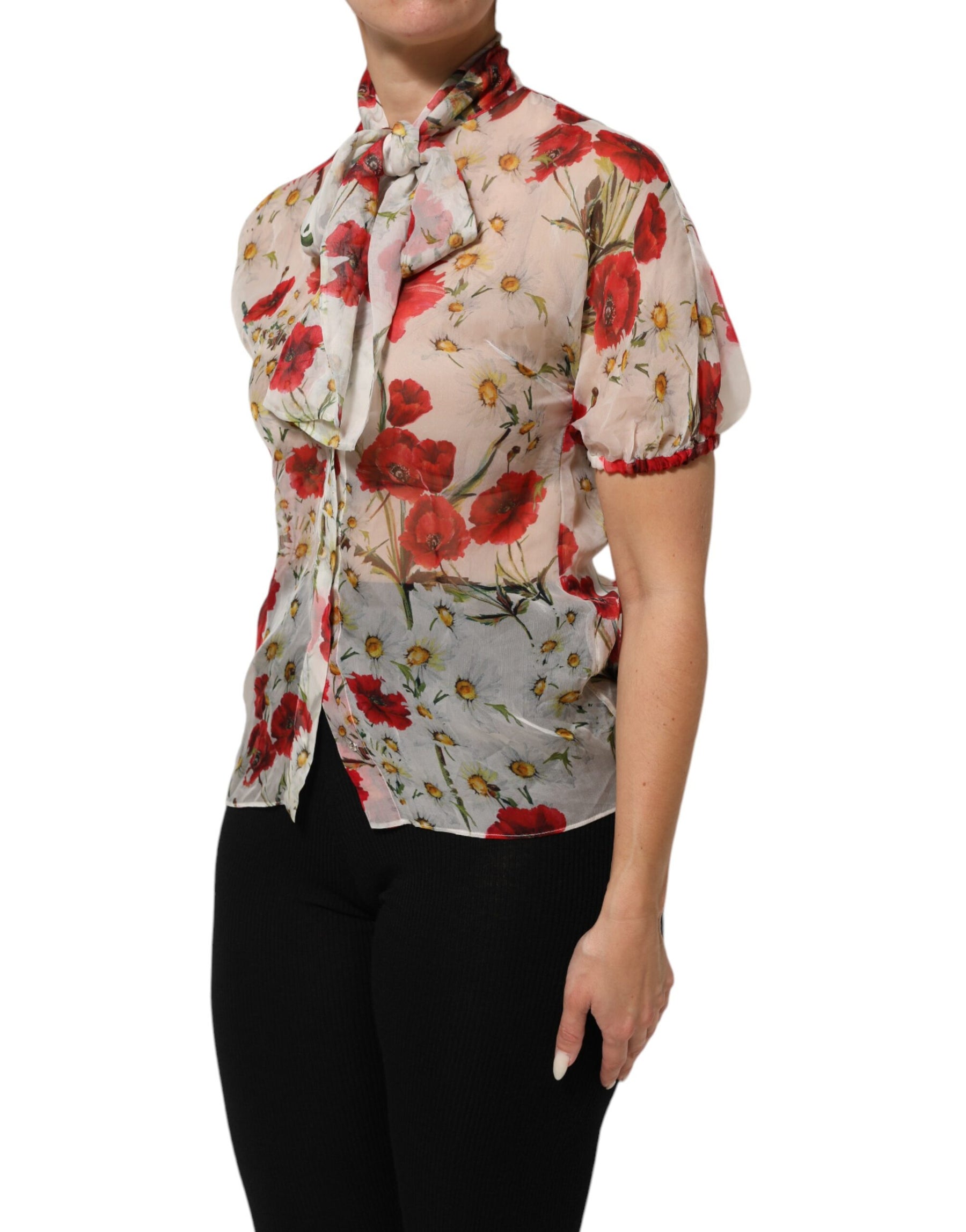 Dolce & Gabbana White Floral Tie-Neck Poppy Print Blouse Top | Regal Royce