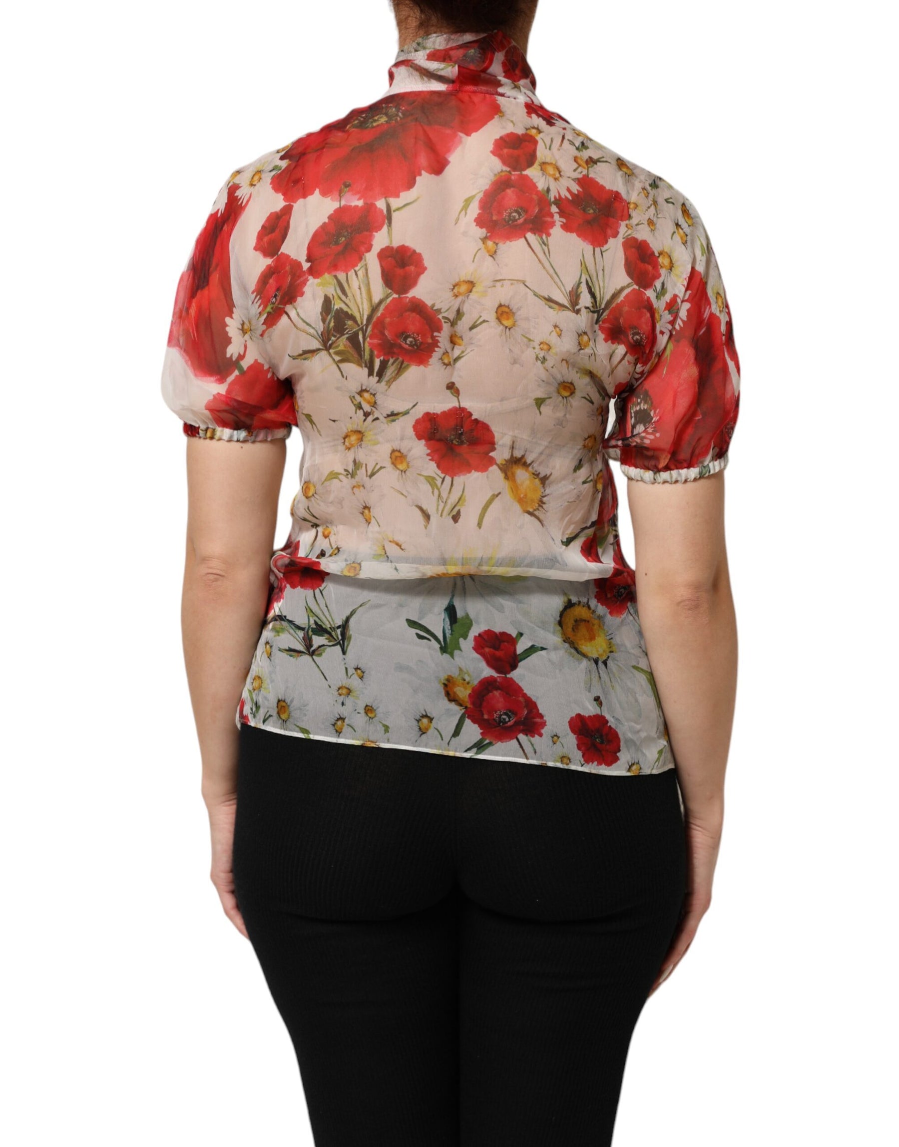 Dolce & Gabbana White Floral Tie-Neck Poppy Print Blouse Top | Regal Royce