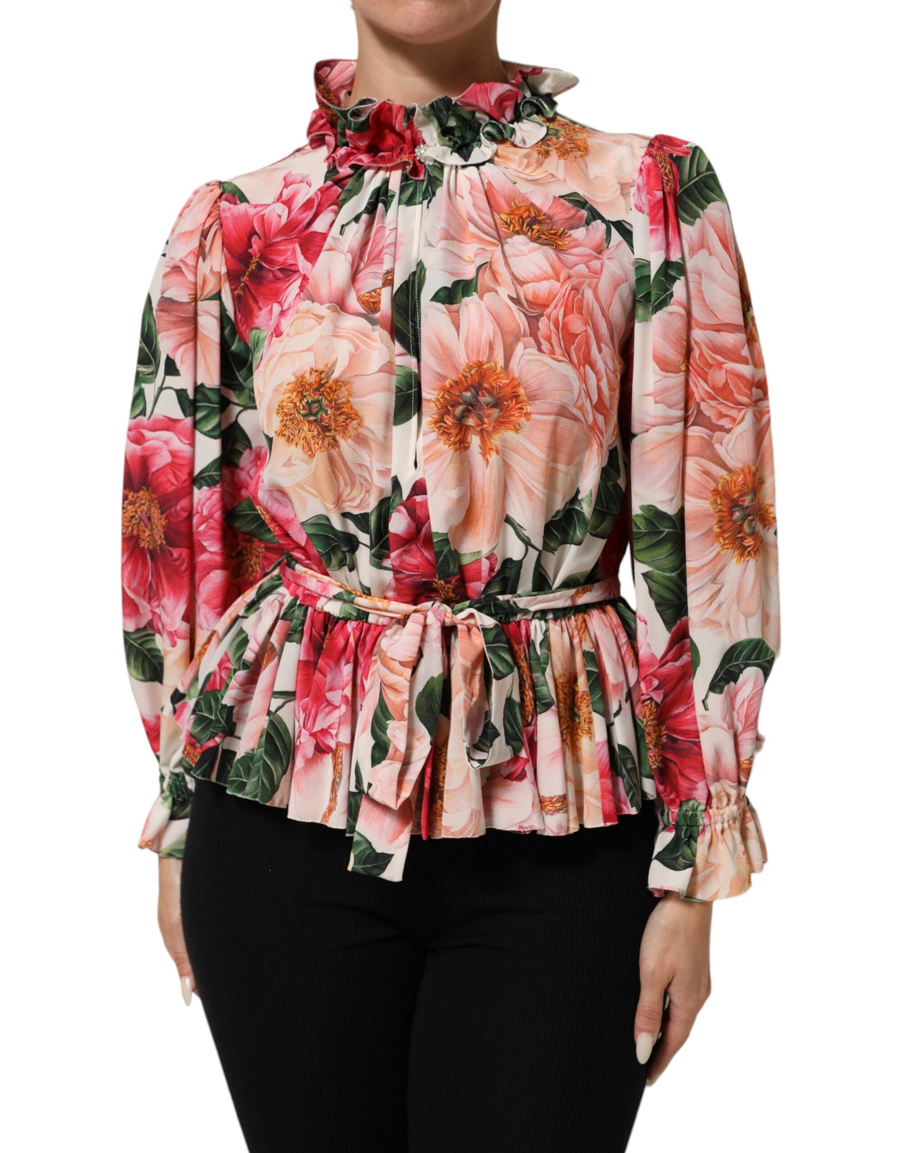 Dolce & Gabbana Pink Floral Printed Silk Ruffled Blouse Top | Regal Royce