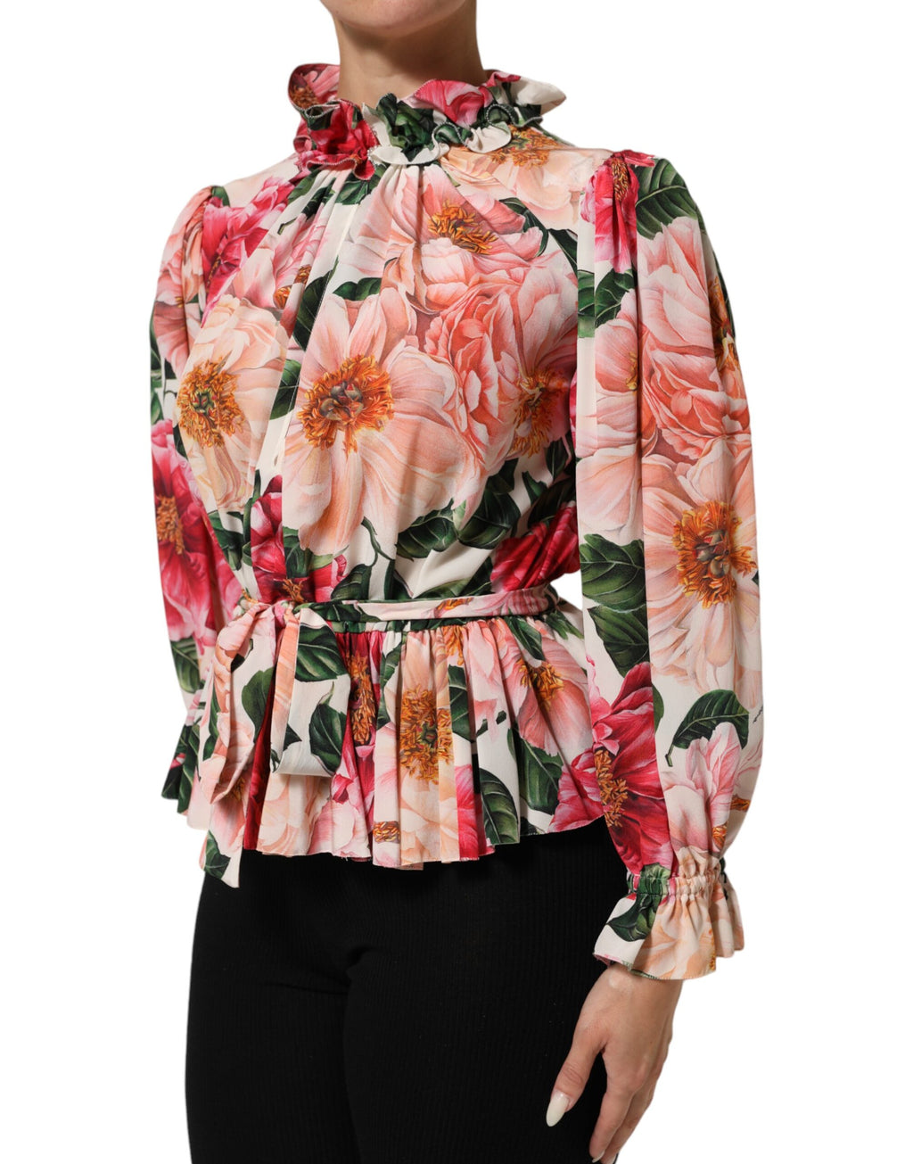 Dolce & Gabbana Pink Floral Printed Silk Ruffled Blouse Top