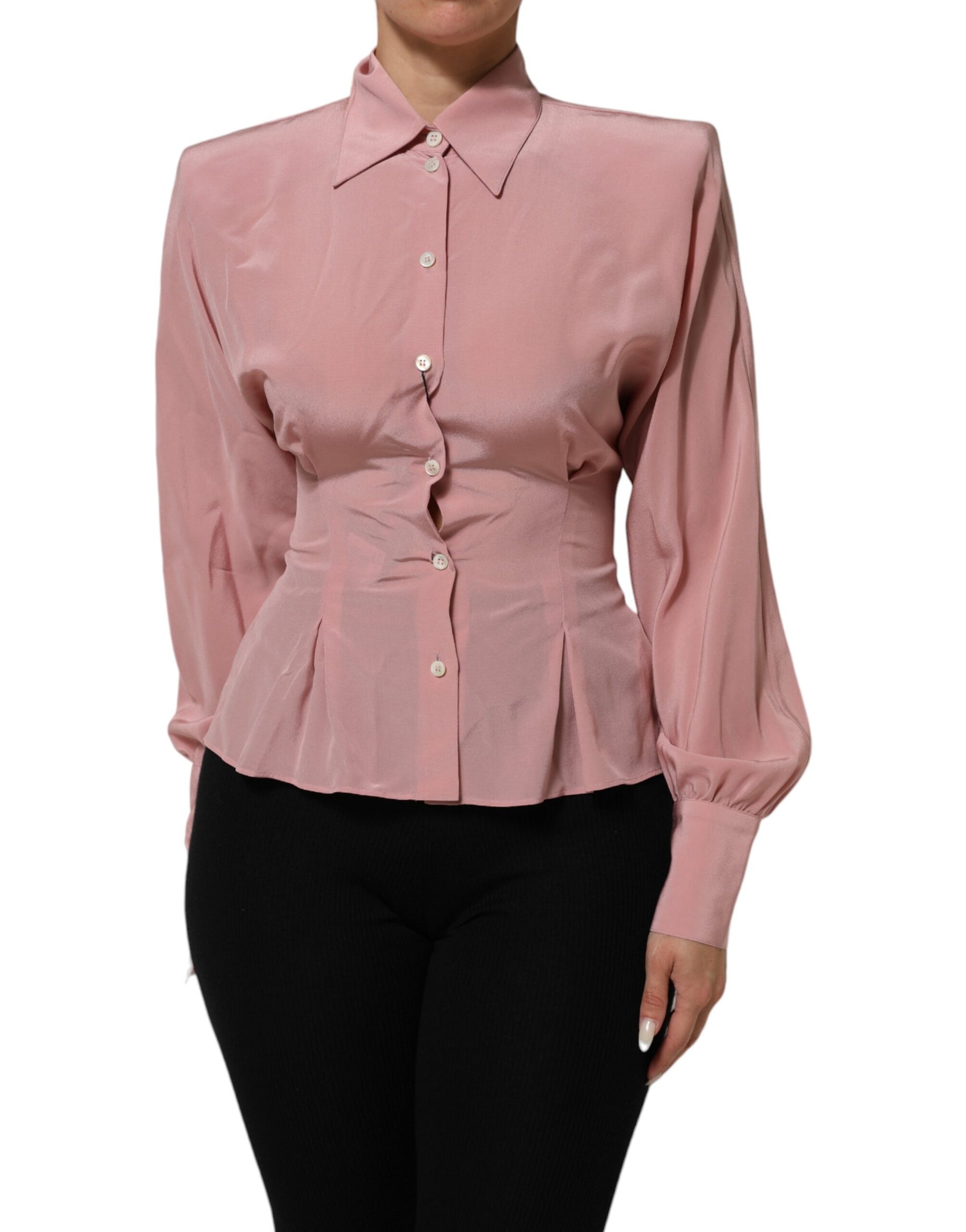 Dolce & Gabbana Pink Silk Collared Long Sleeves Blouse Top | Regal Royce
