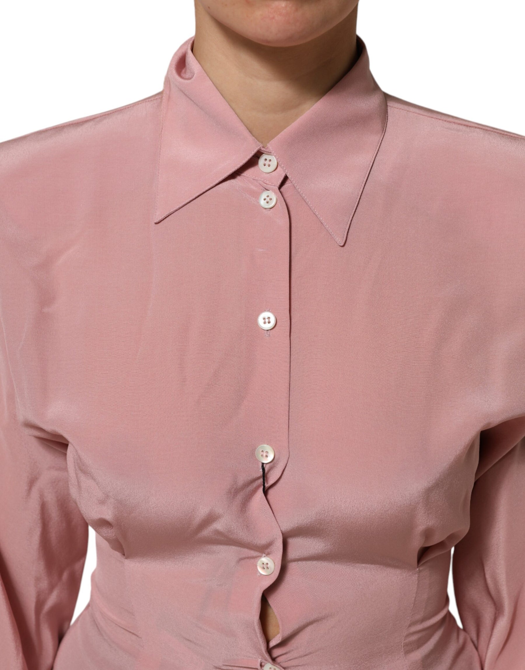 Dolce & Gabbana Pink Silk Collared Long Sleeves Blouse Top | Regal Royce