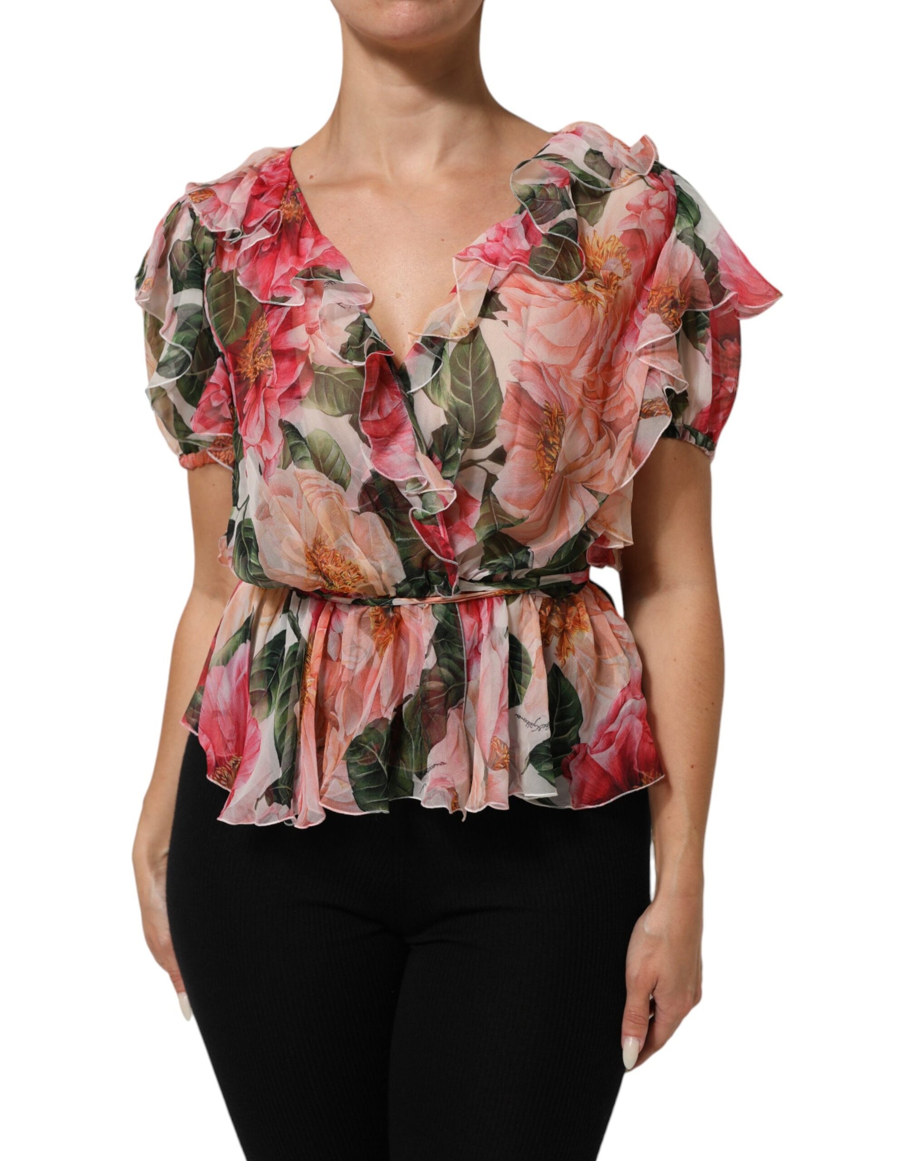 Dolce & Gabbana Pink Camellias Printed Silk V-neck Blouse Top | Regal Royce