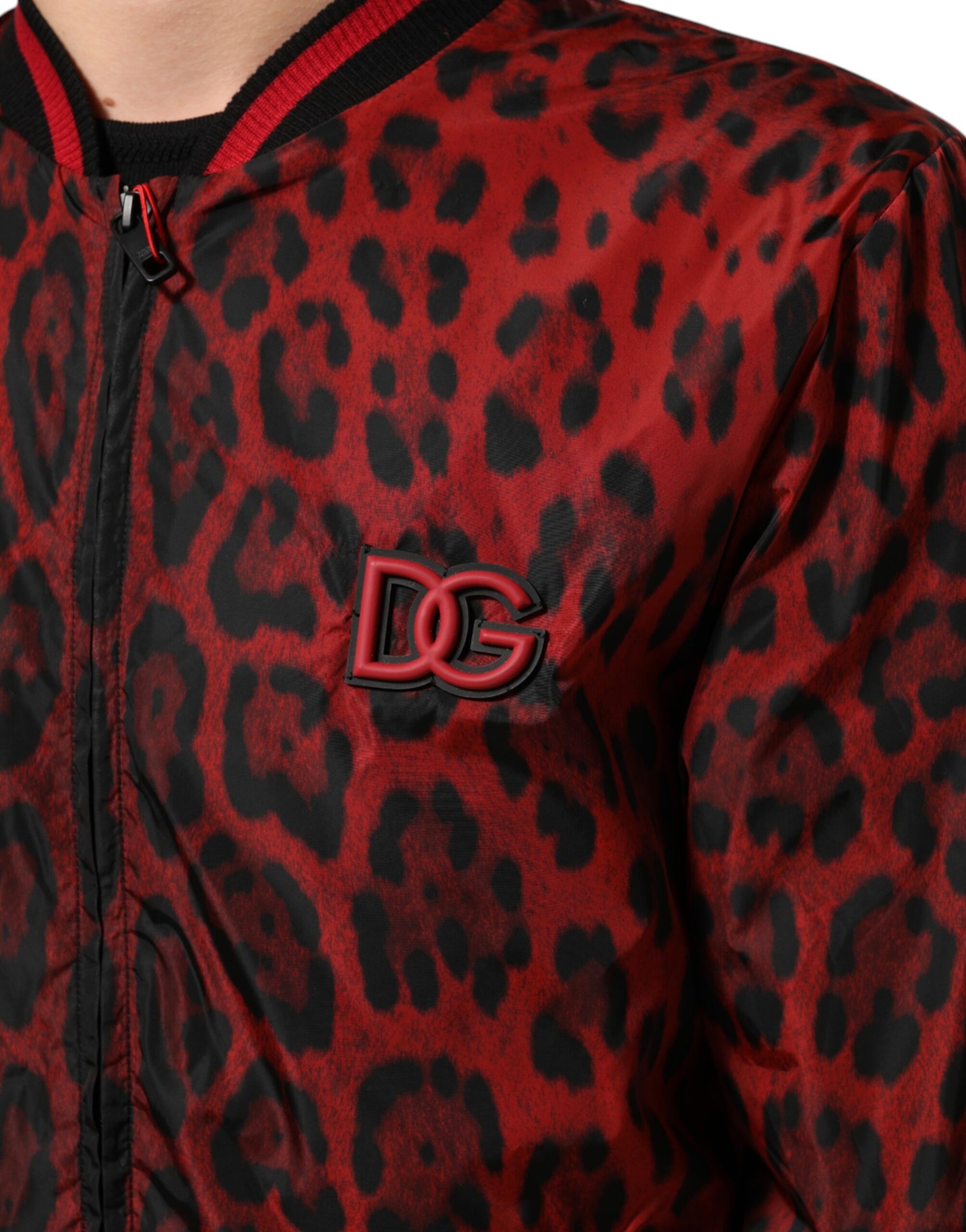 Dolce & Gabbana Red Leopard Print Full Zip Bomber Jacket | Regal Royce