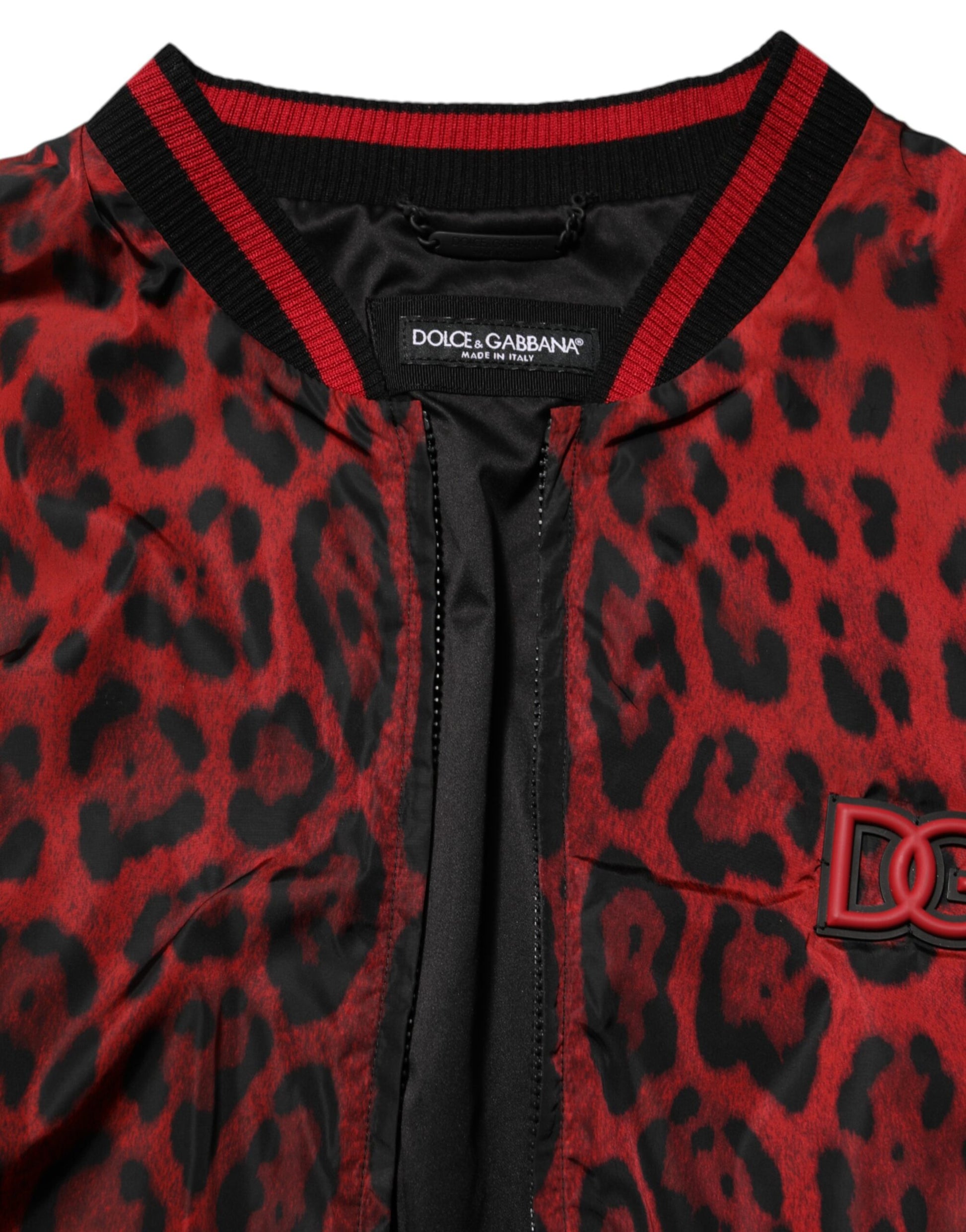 Dolce & Gabbana Red Leopard Print Full Zip Bomber Jacket