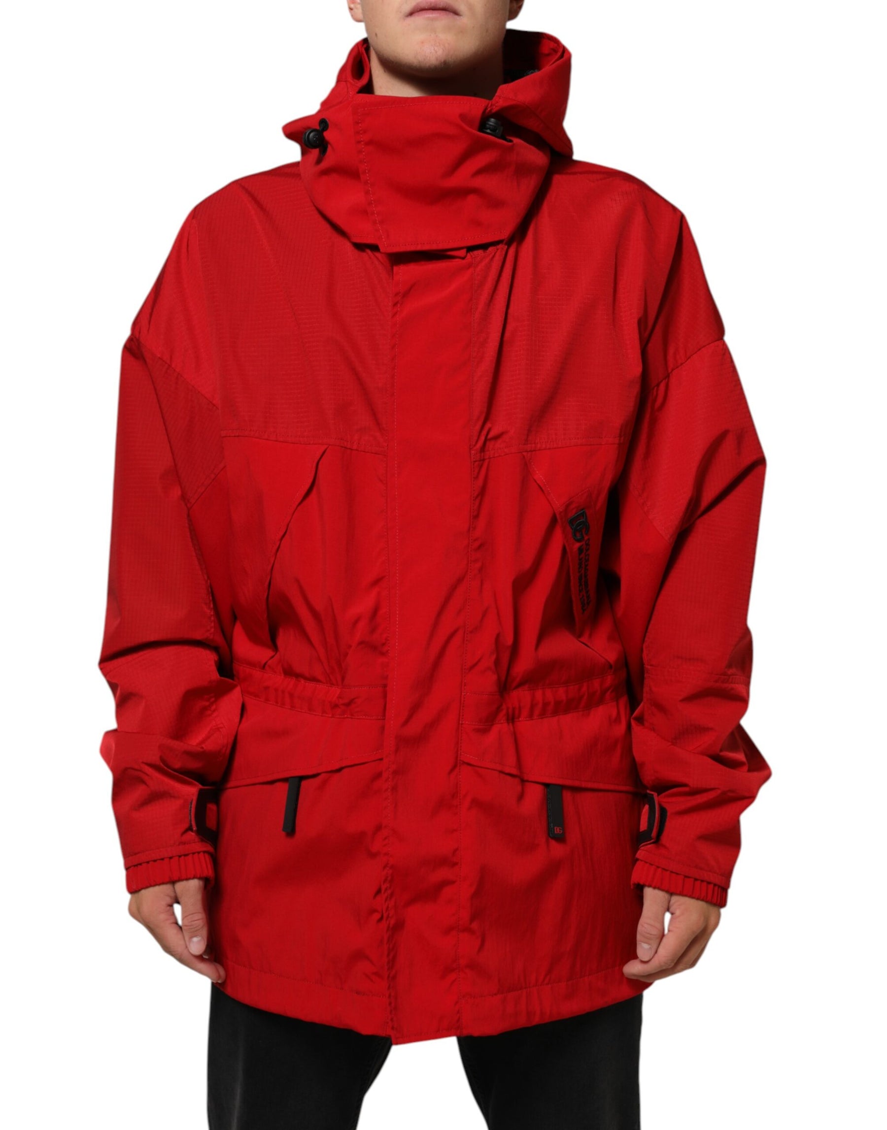 Dolce & Gabbana Red Nylon Hooded Men Full Zip Parka Jacket | Regal Royce