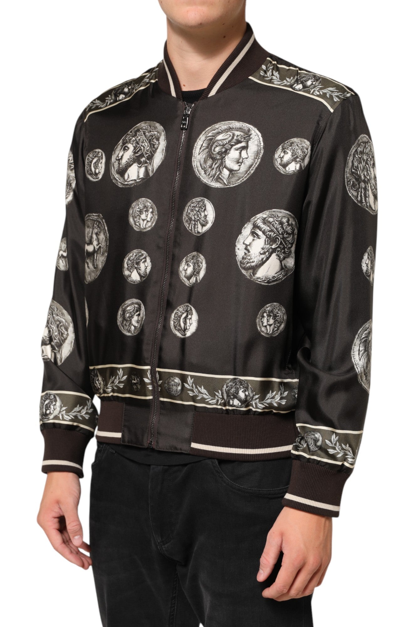 Dolce & Gabbana Black "Monete" Coin Print Silk Bomber Jacket | Regal Royce
