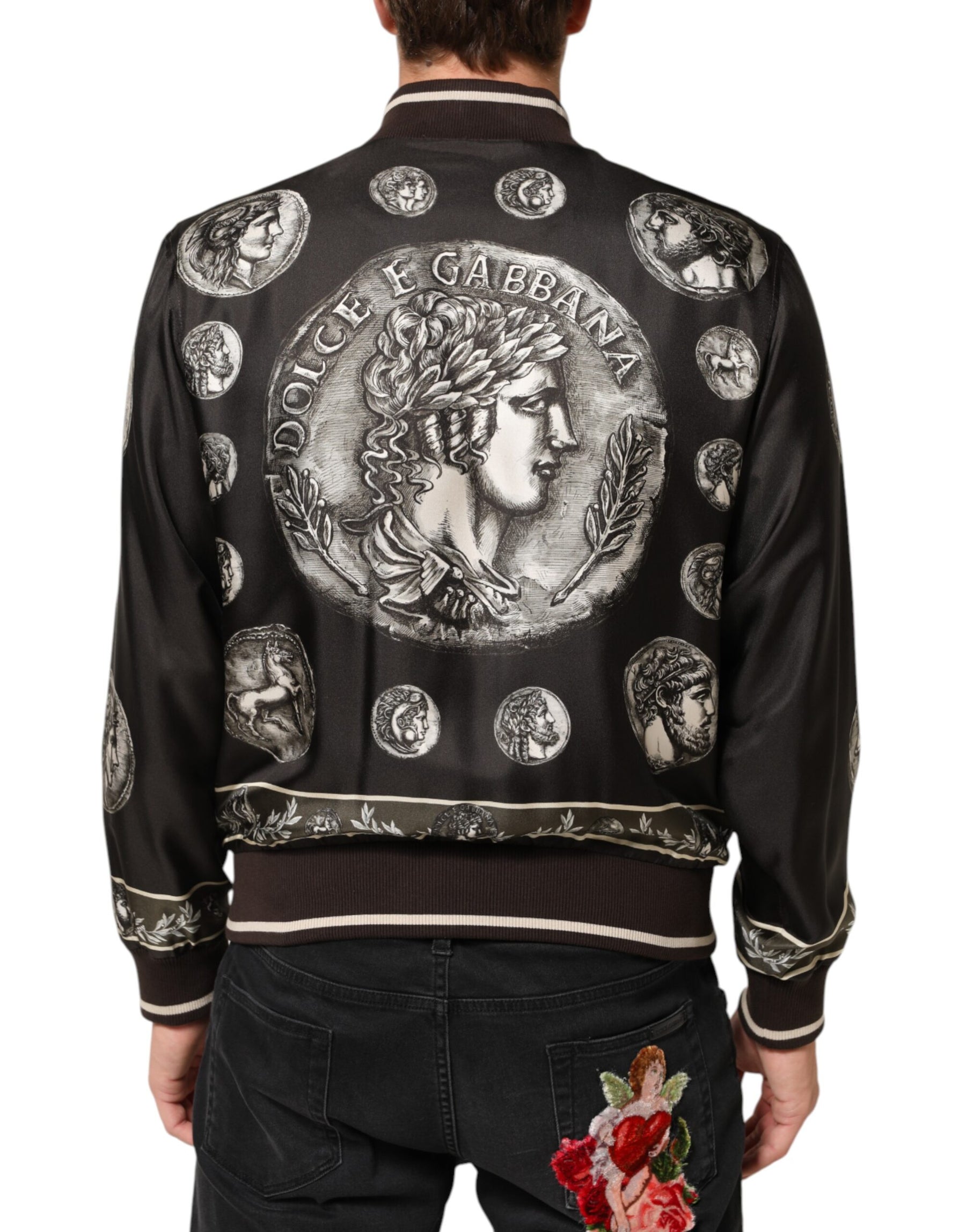 Dolce & Gabbana Black "Monete" Coin Print Silk Bomber Jacket | Regal Royce