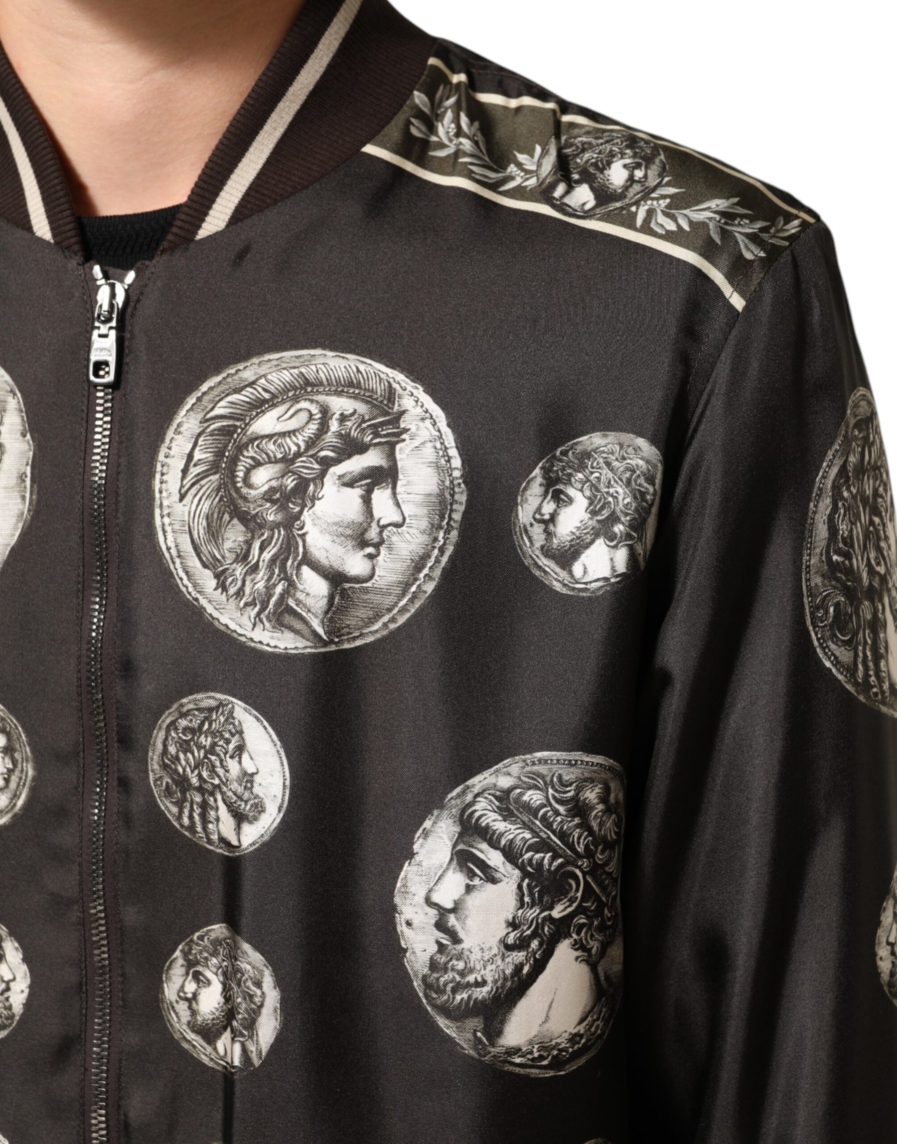 Dolce & Gabbana Black "Monete" Coin Print Silk Bomber Jacket | Regal Royce