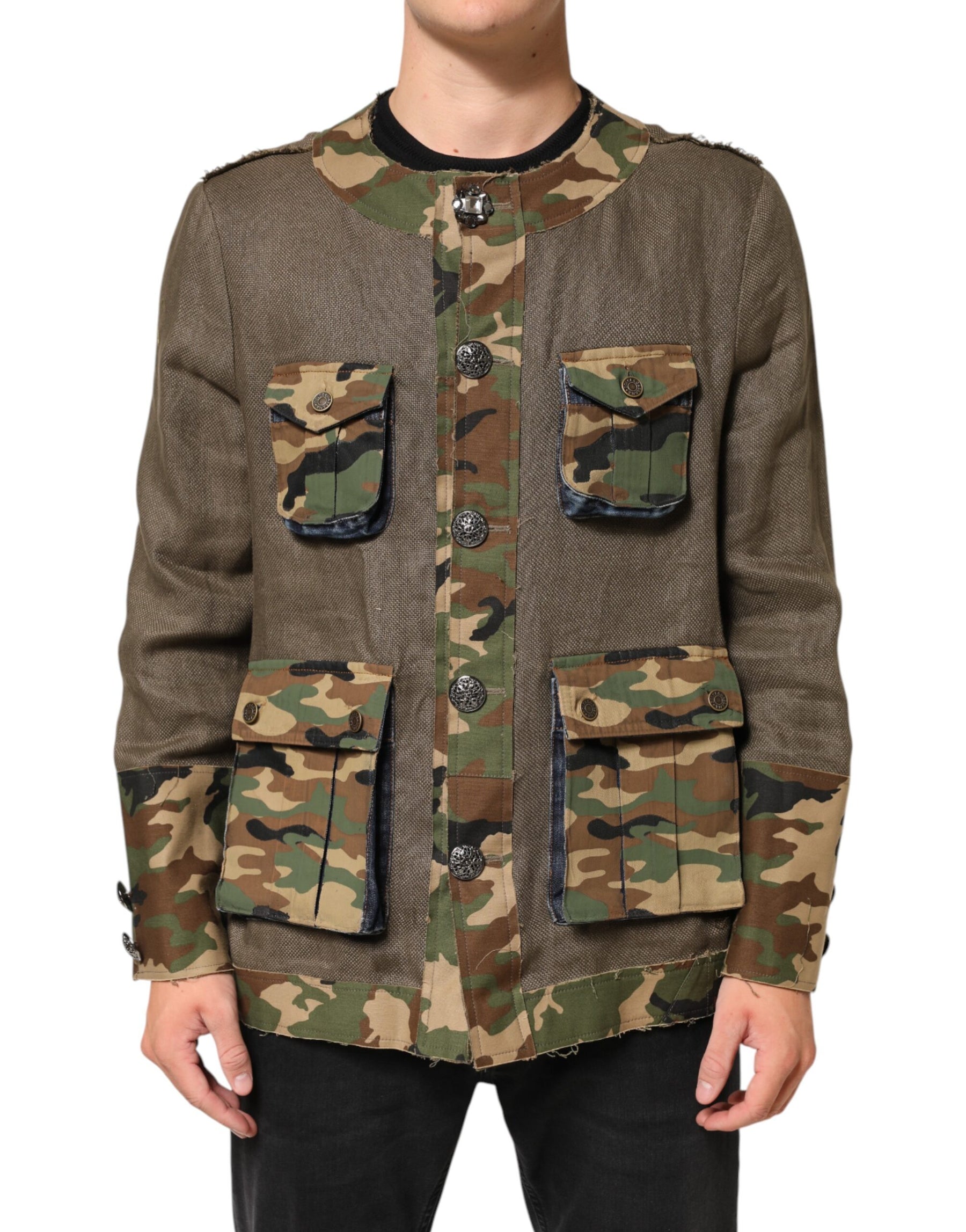 Dolce & Gabbana Brown Camouflage Linen Button Down Jacket | Regal Royce