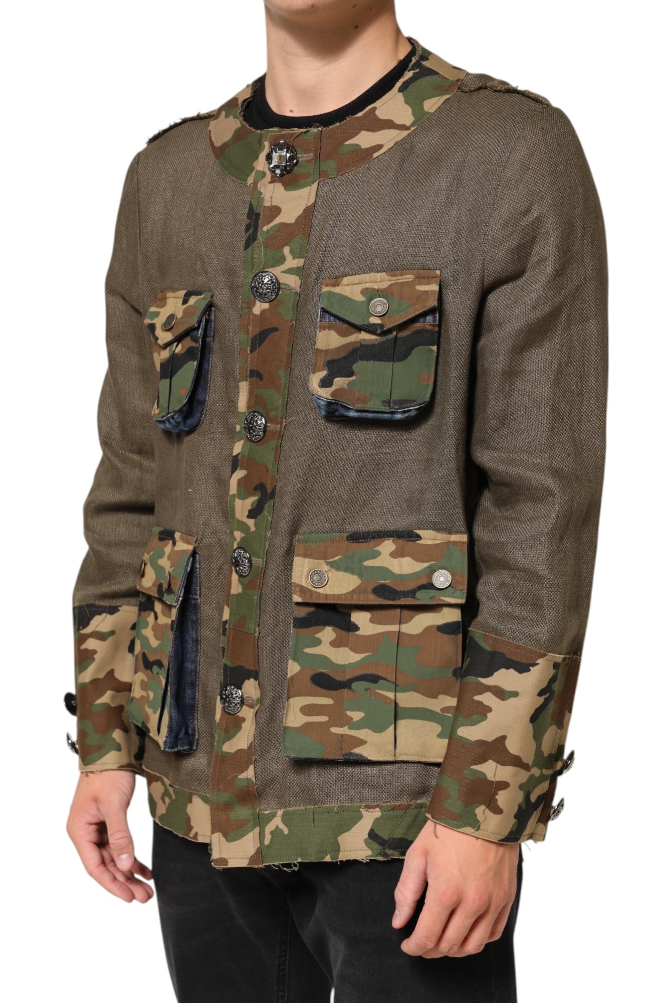 Dolce & Gabbana Brown Camouflage Linen Button Down Jacket | Regal Royce