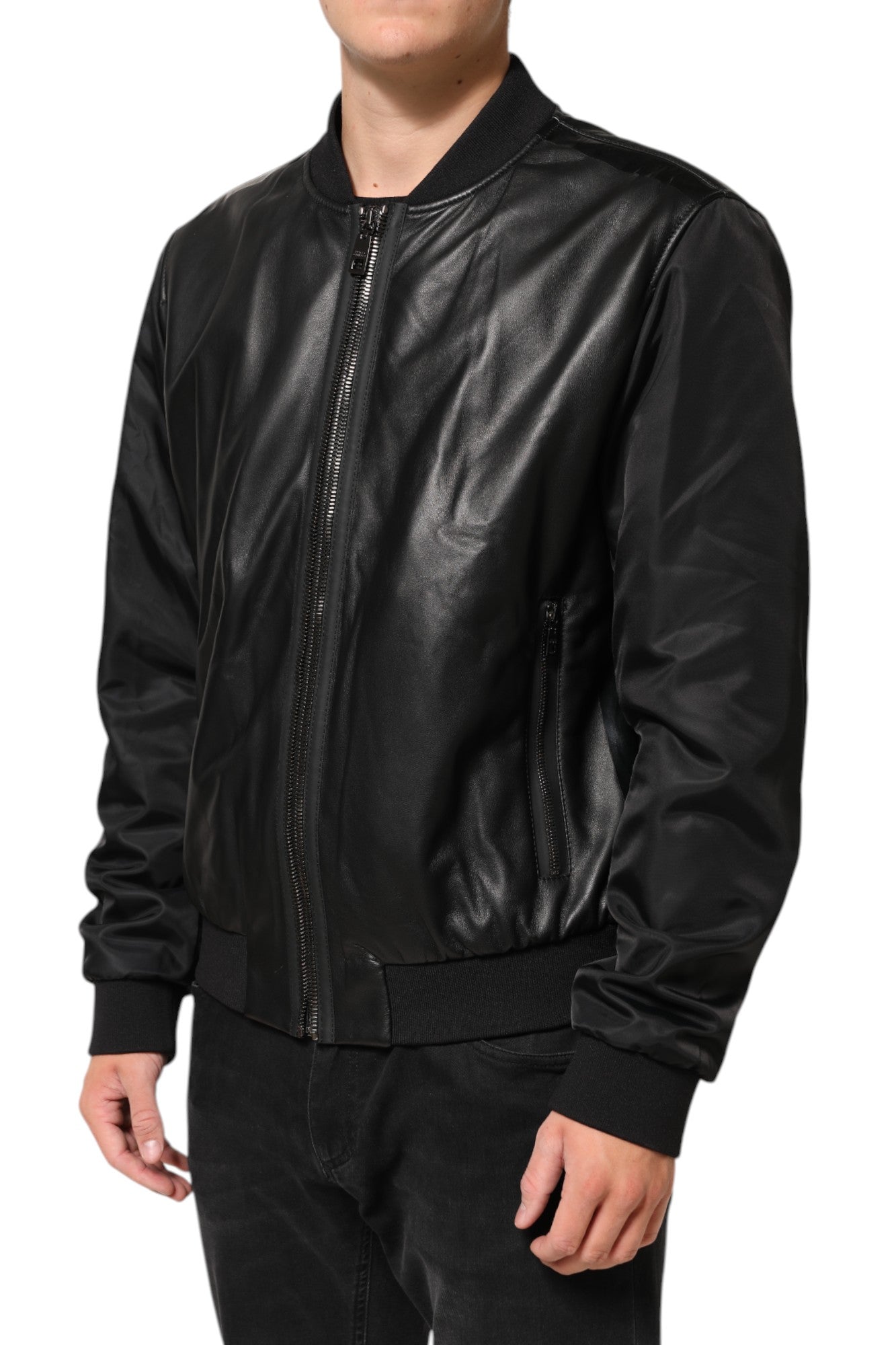 Dolce & Gabbana Black Leather Nylon FullZip Blouson Jacket