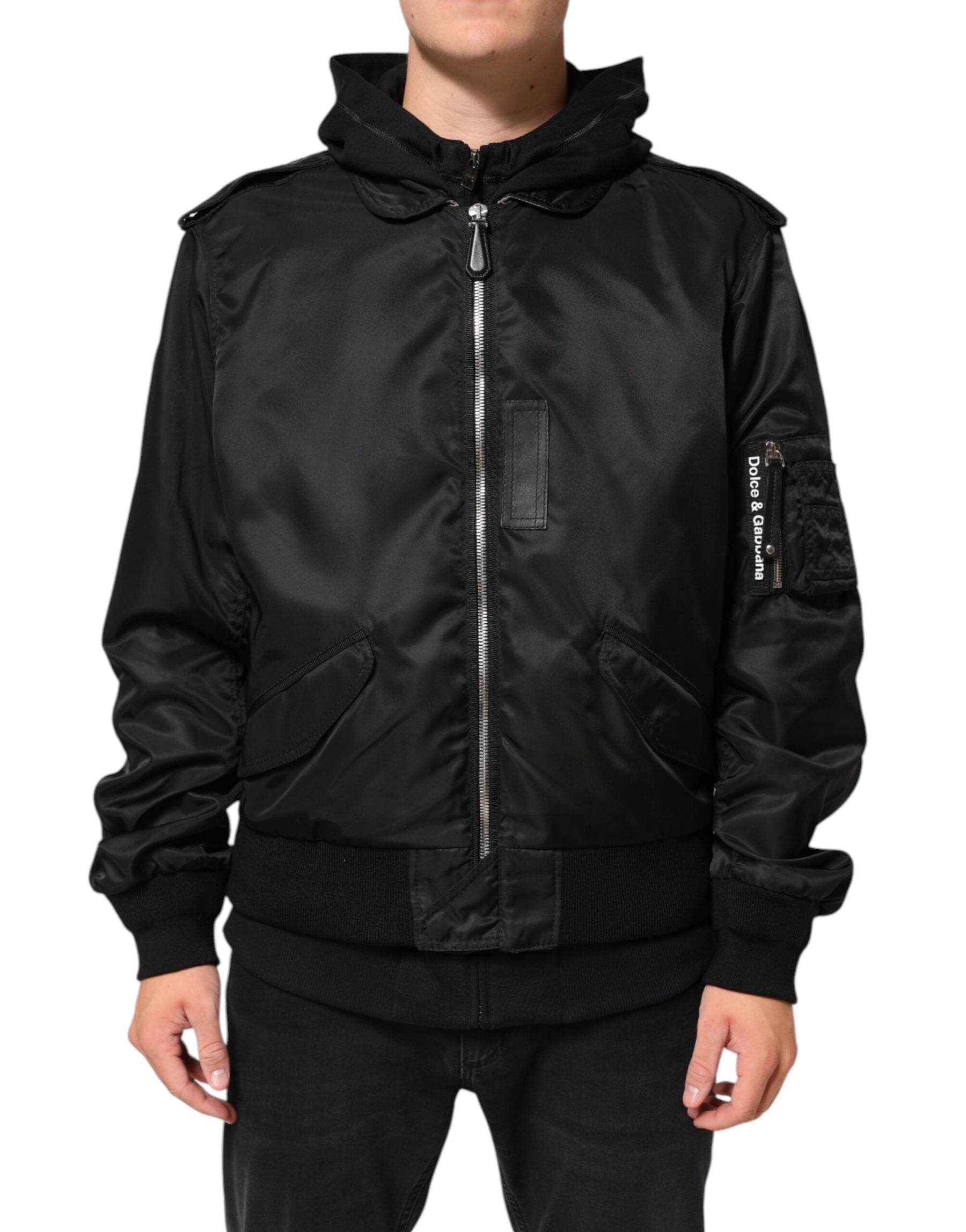 Dolce & Gabbana Black Cotton Hooded Full Zip Bomber Jacket | Regal Royce