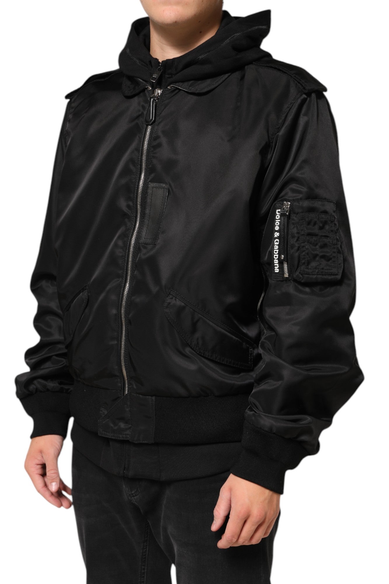 Dolce & Gabbana Black Cotton Hooded Full Zip Bomber Jacket | Regal Royce