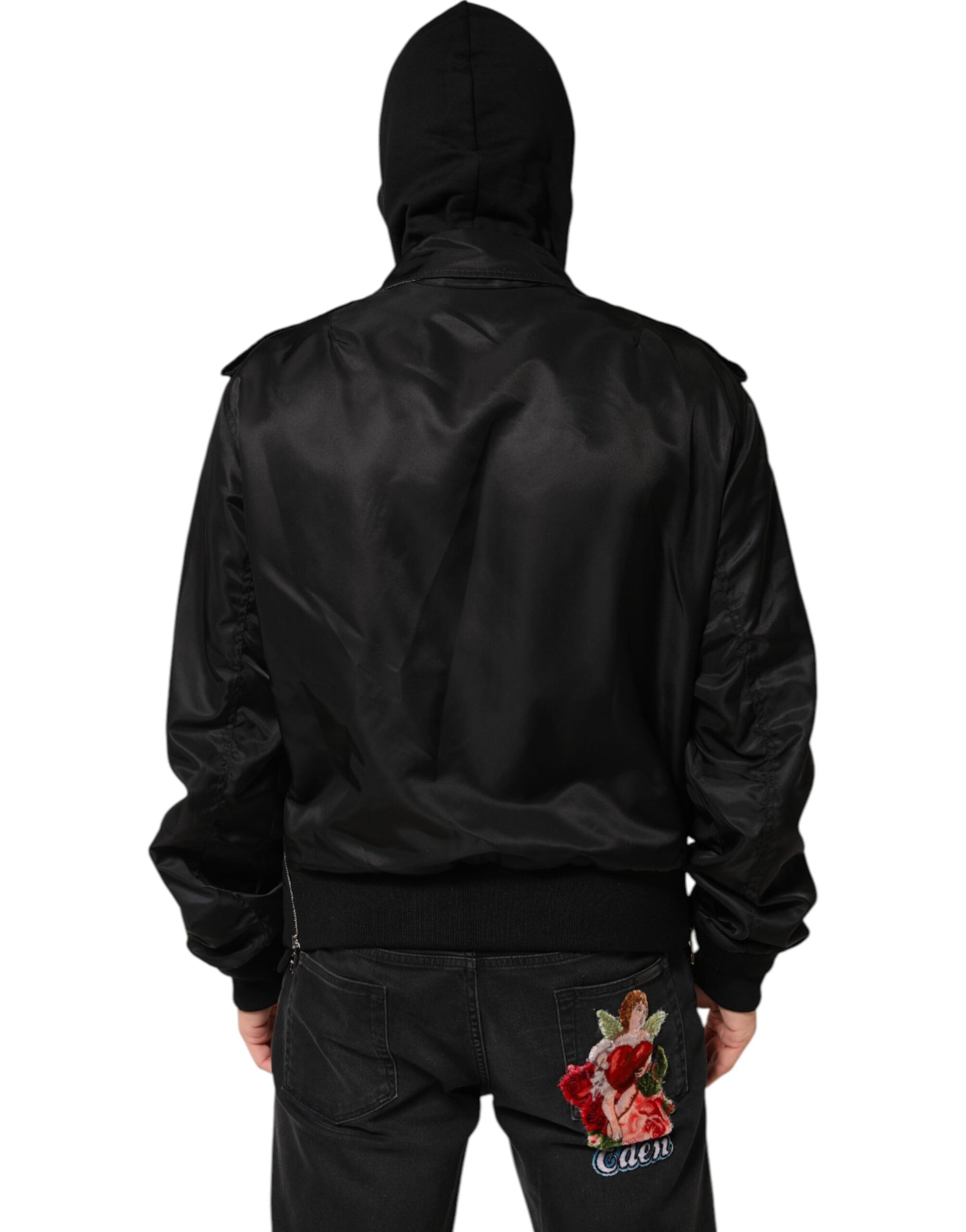 Dolce & Gabbana Black Cotton Hooded Full Zip Bomber Jacket | Regal Royce