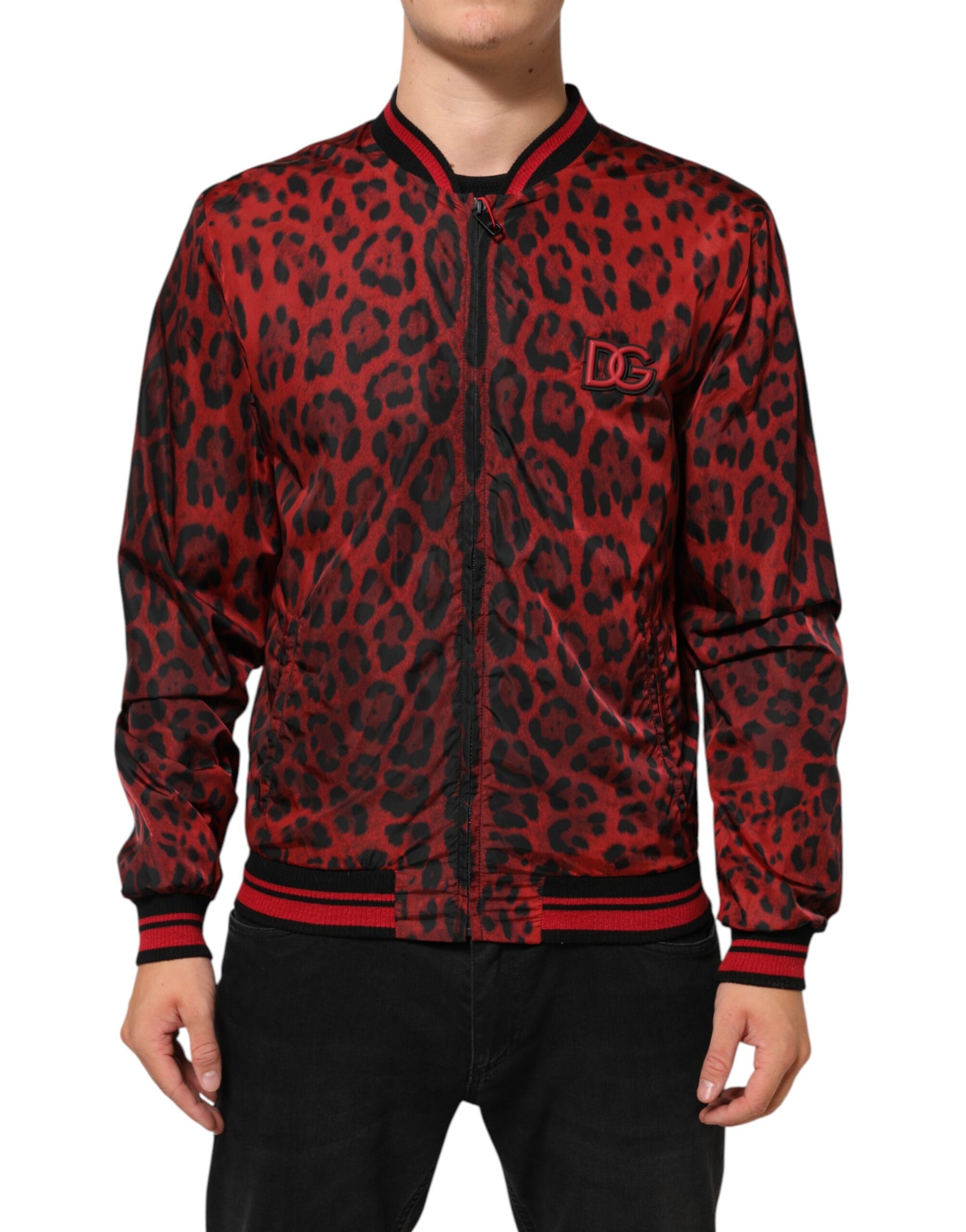 Dolce & Gabbana Red Leopard Print Full Zip Bomber Men Jacket | Regal Royce