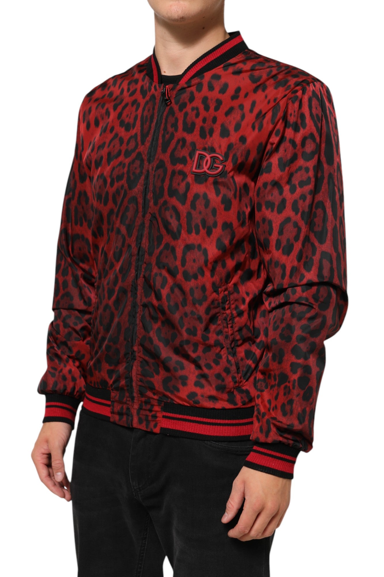 Dolce & Gabbana Red Leopard Print Full Zip Bomber Men Jacket | Regal Royce