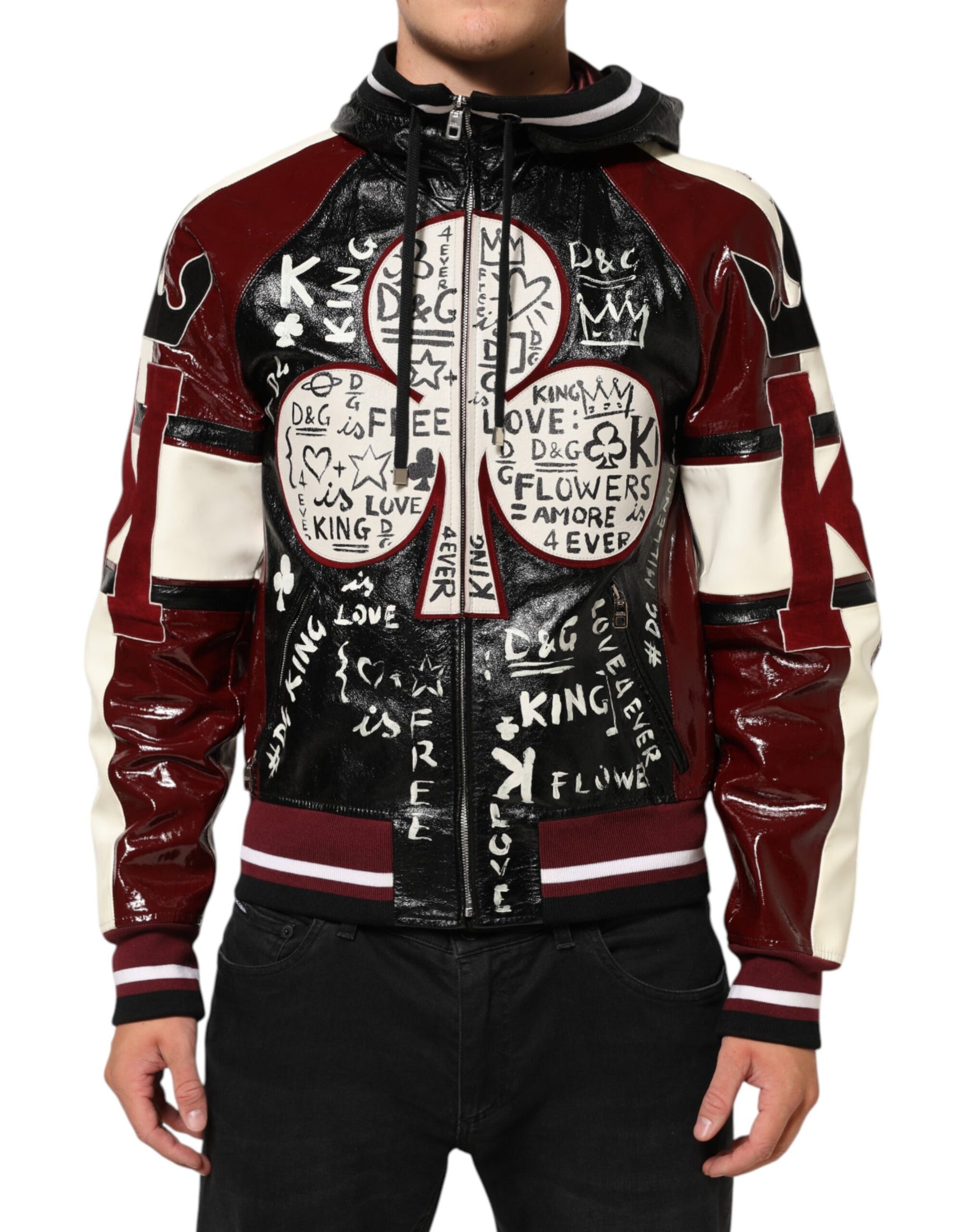 Dolce & Gabbana Multicolor Hooded Leather DG King Men Biker Jacket | Regal Royce