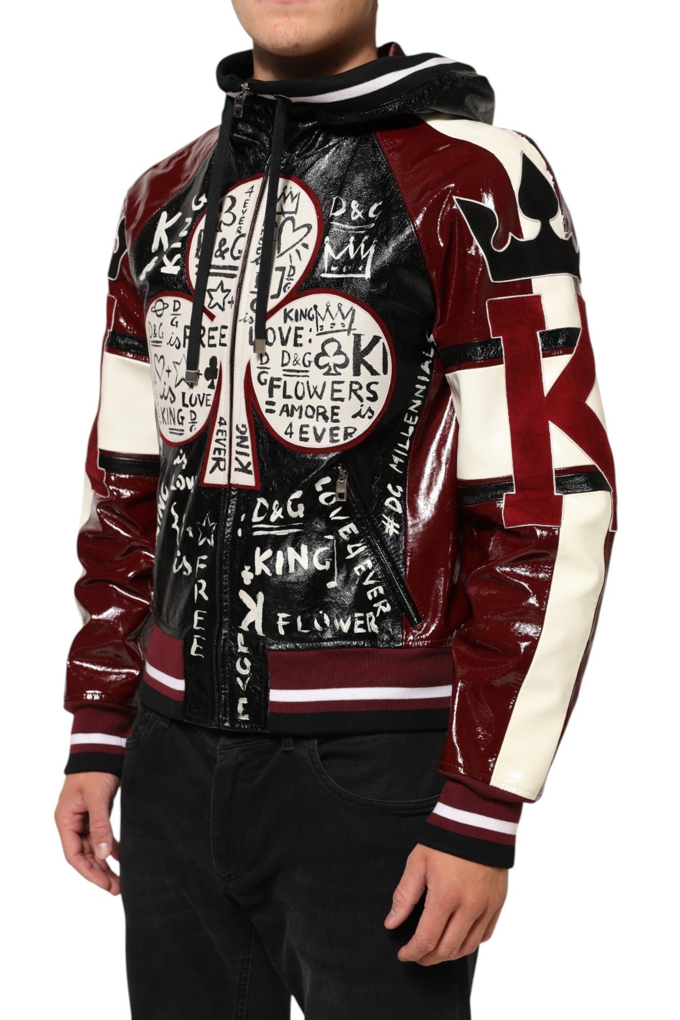 Dolce & Gabbana Multicolor Hooded Leather DG King Men Biker Jacket | Regal Royce