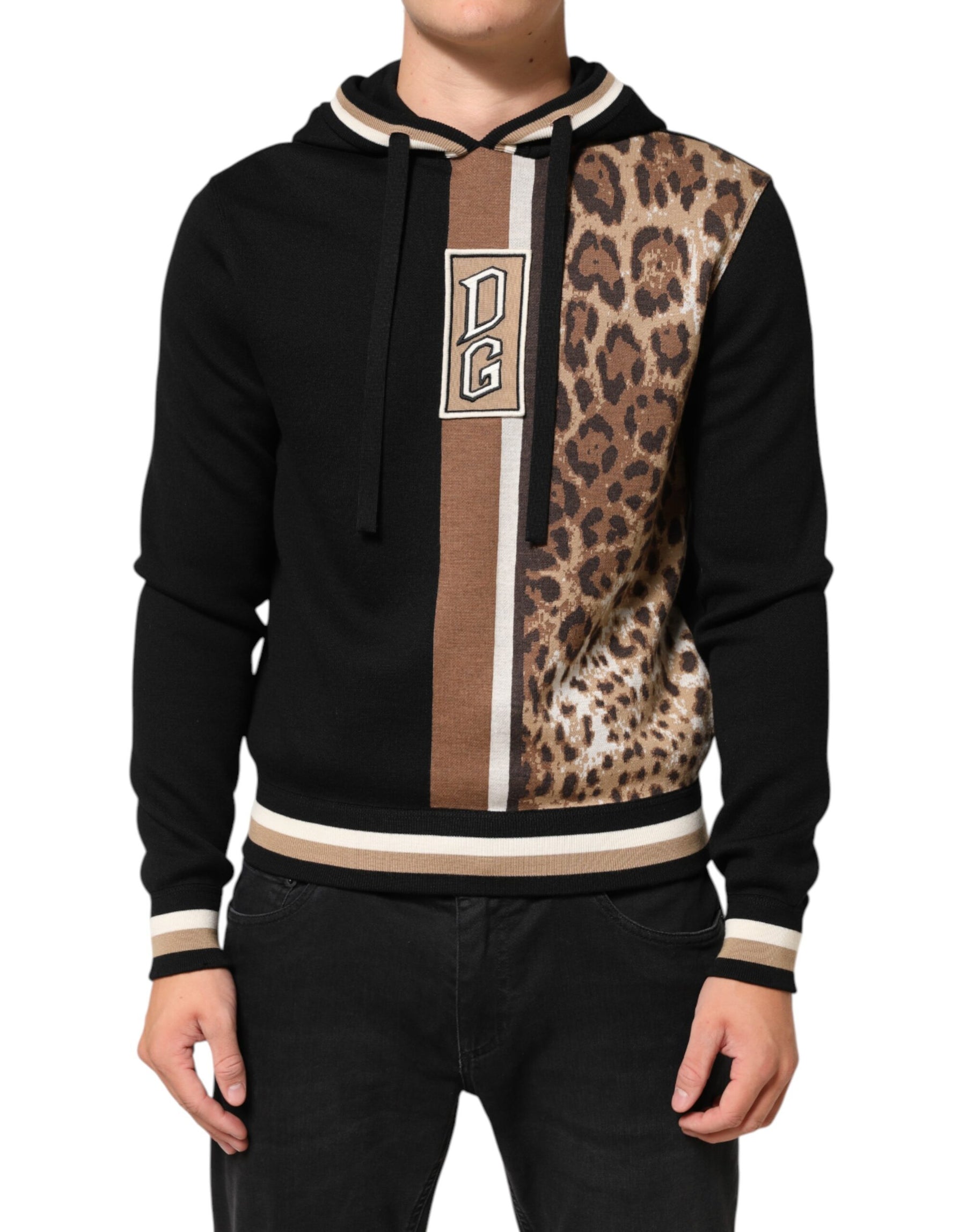 Dolce & Gabbana Black Leopard Logo Hooded Sweatshirt Sweater | Regal Royce