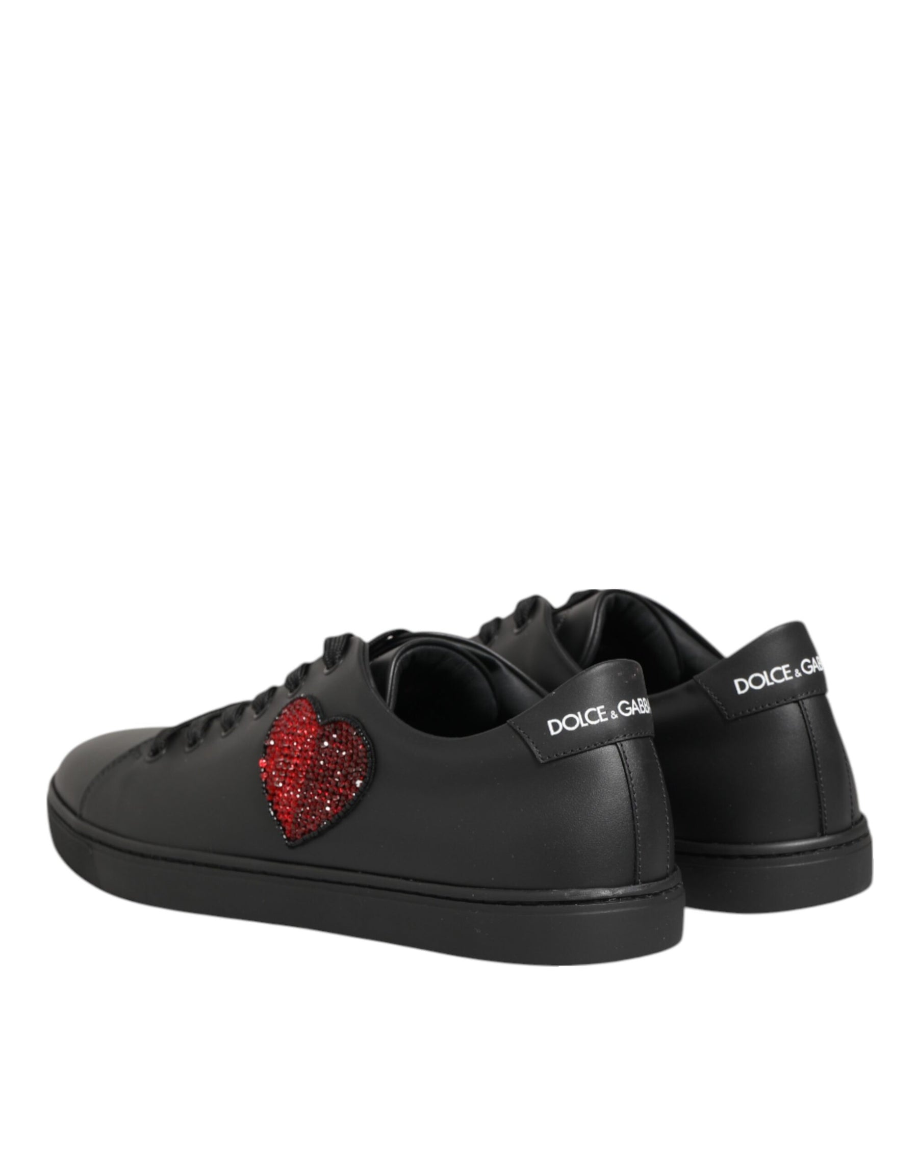 Dolce & Gabbana Black Leather Crystal Heart Sneakers  Shoes | Regal Royce
