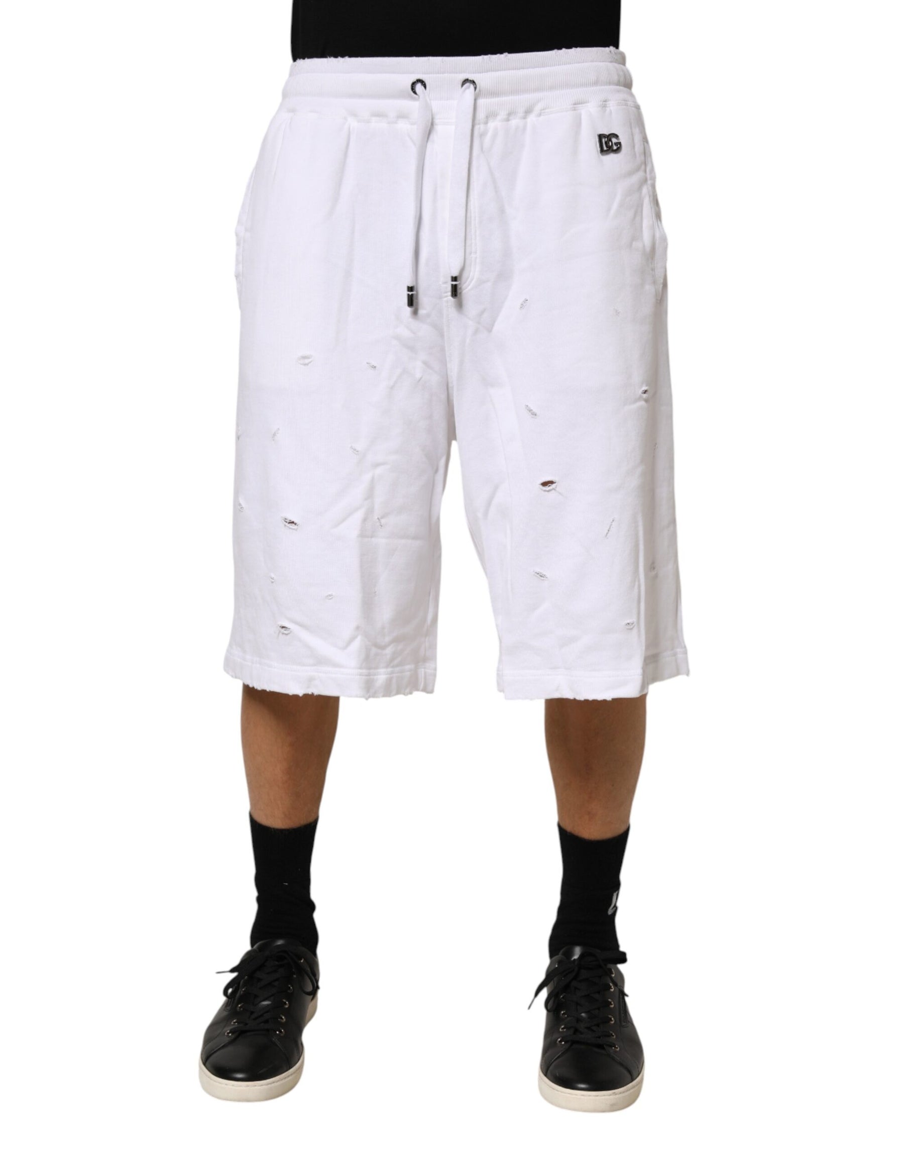 Dolce & Gabbana White Distressed Cotton Men Bermuda Shorts | Regal Royce