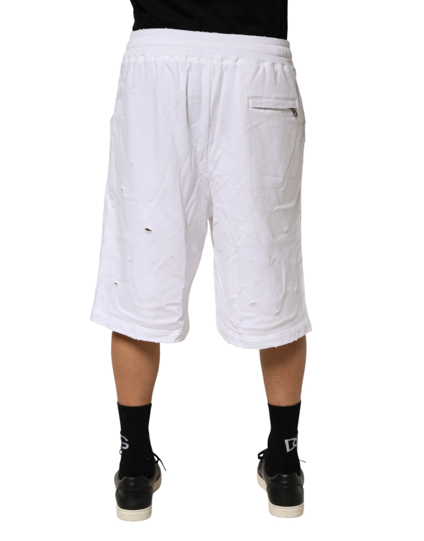 Dolce & Gabbana White Distressed Cotton Men Bermuda Shorts | Regal Royce