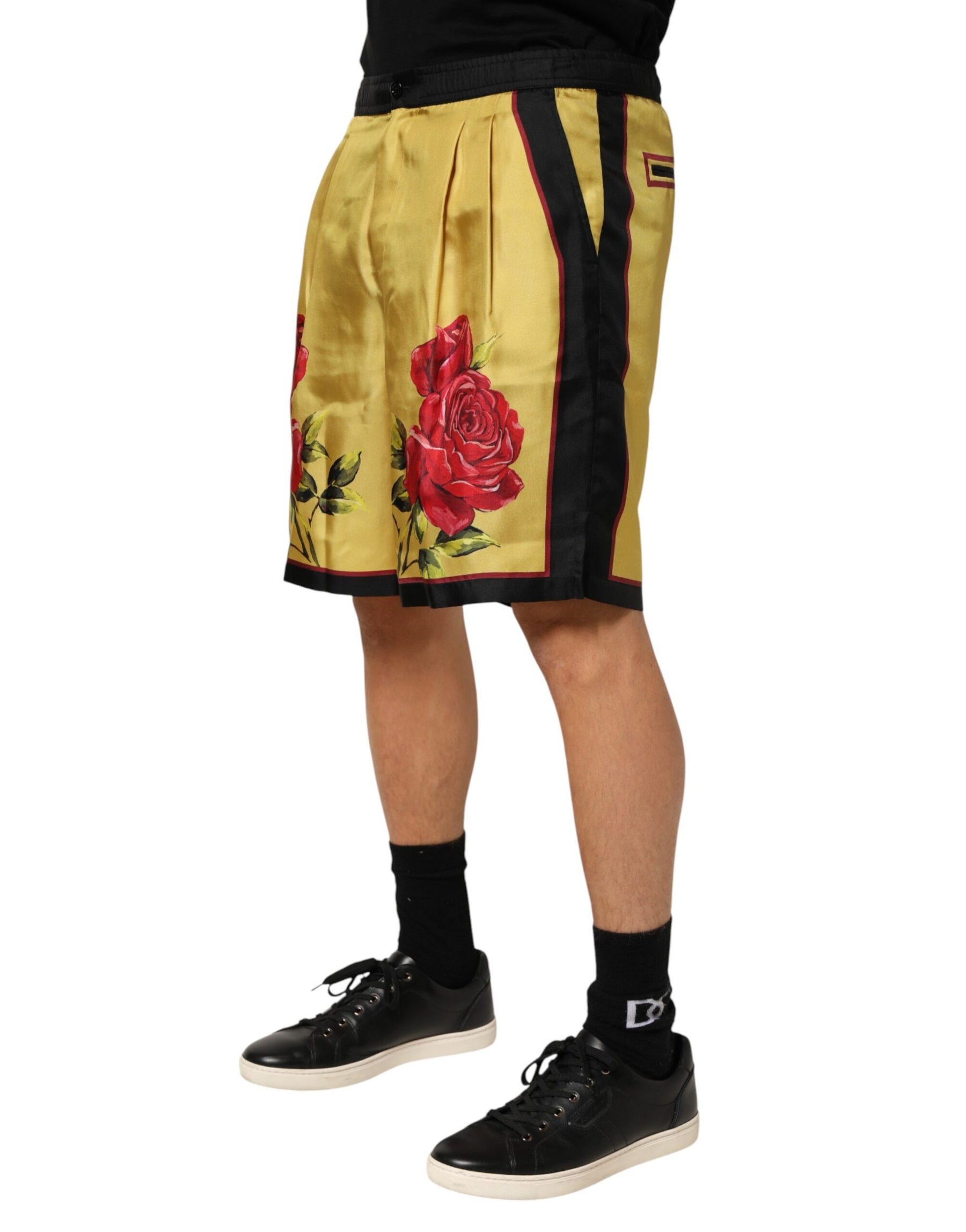 Dolce & Gabbana Yellow Floral Print Silk Men Bermuda Shorts | Regal Royce